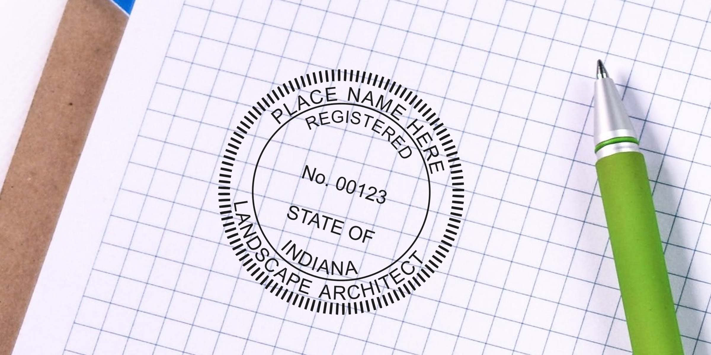 Indiana Landscape Architect Seal stamped on graph paper with a green pen, symbolizing Landscape Architect Certification in Indiana.