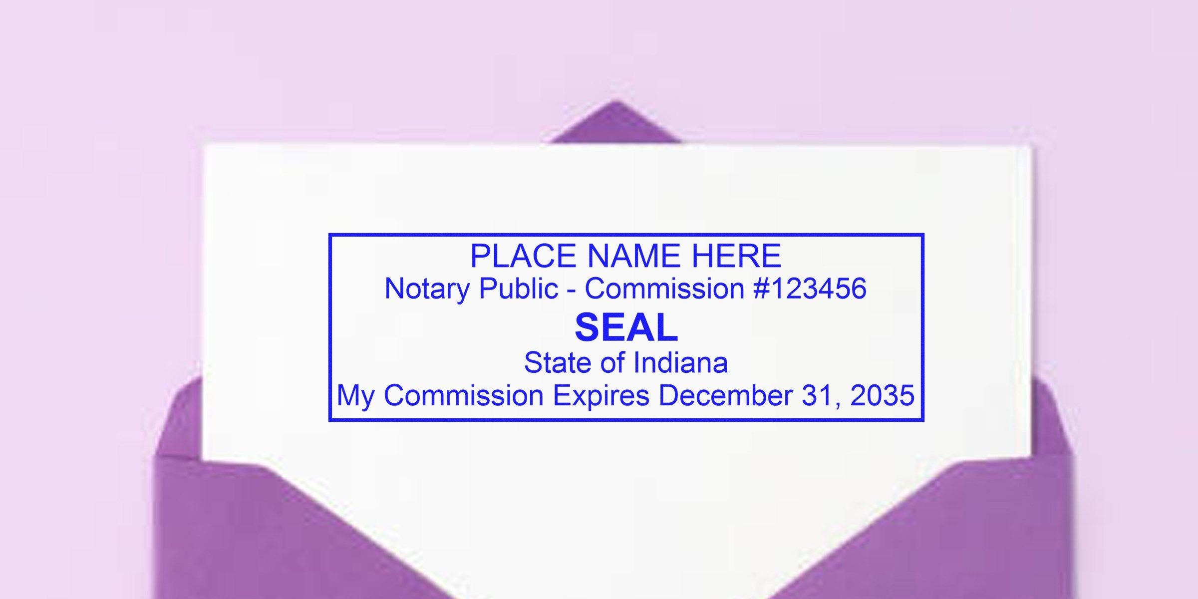Indiana notary seal and stamp with commission number and expiration date on white paper inside a purple envelope.