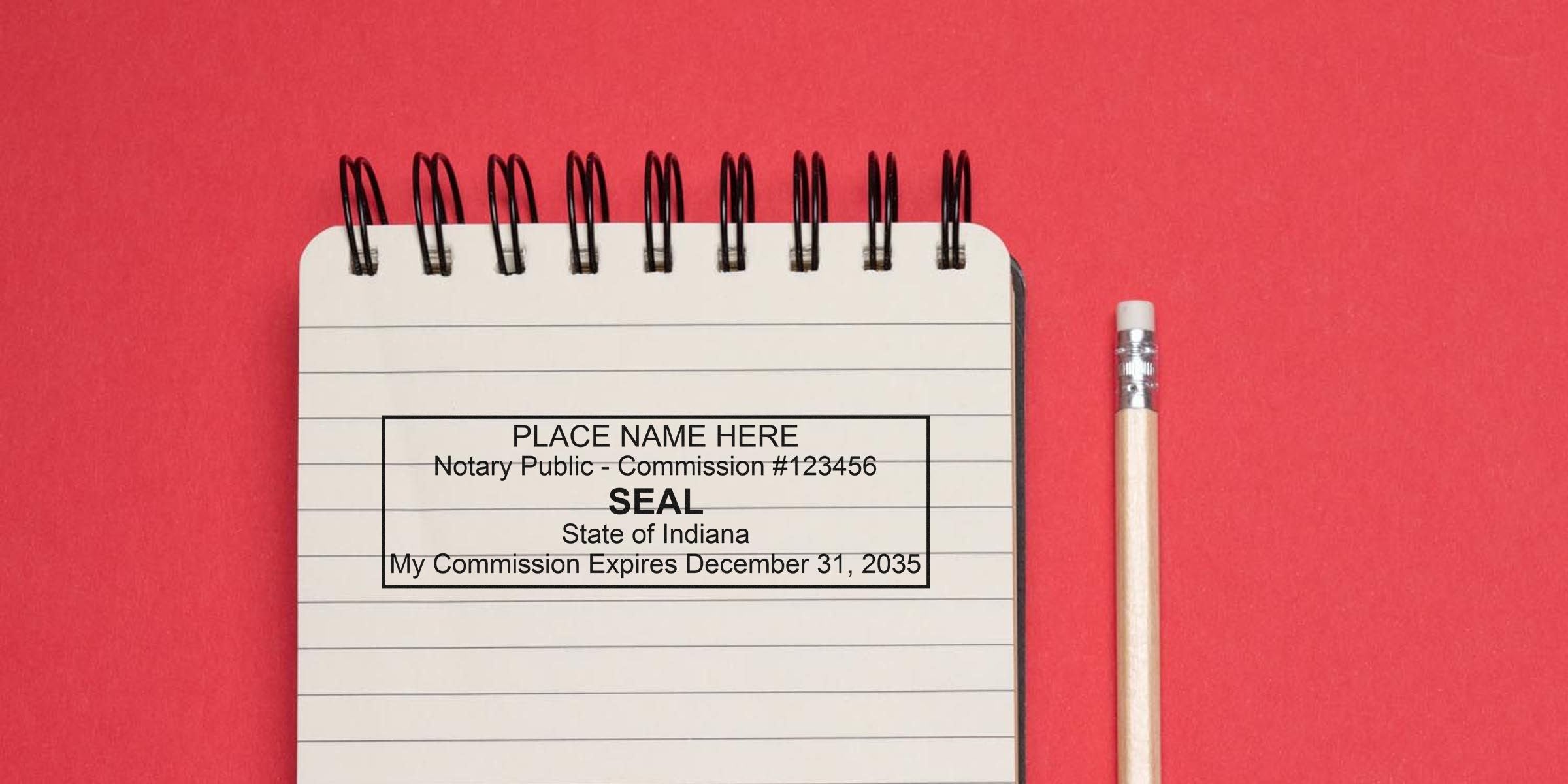 Notary Public seal on lined notebook with pencil on red background, emphasizing Indiana notary laws and supply regulations.