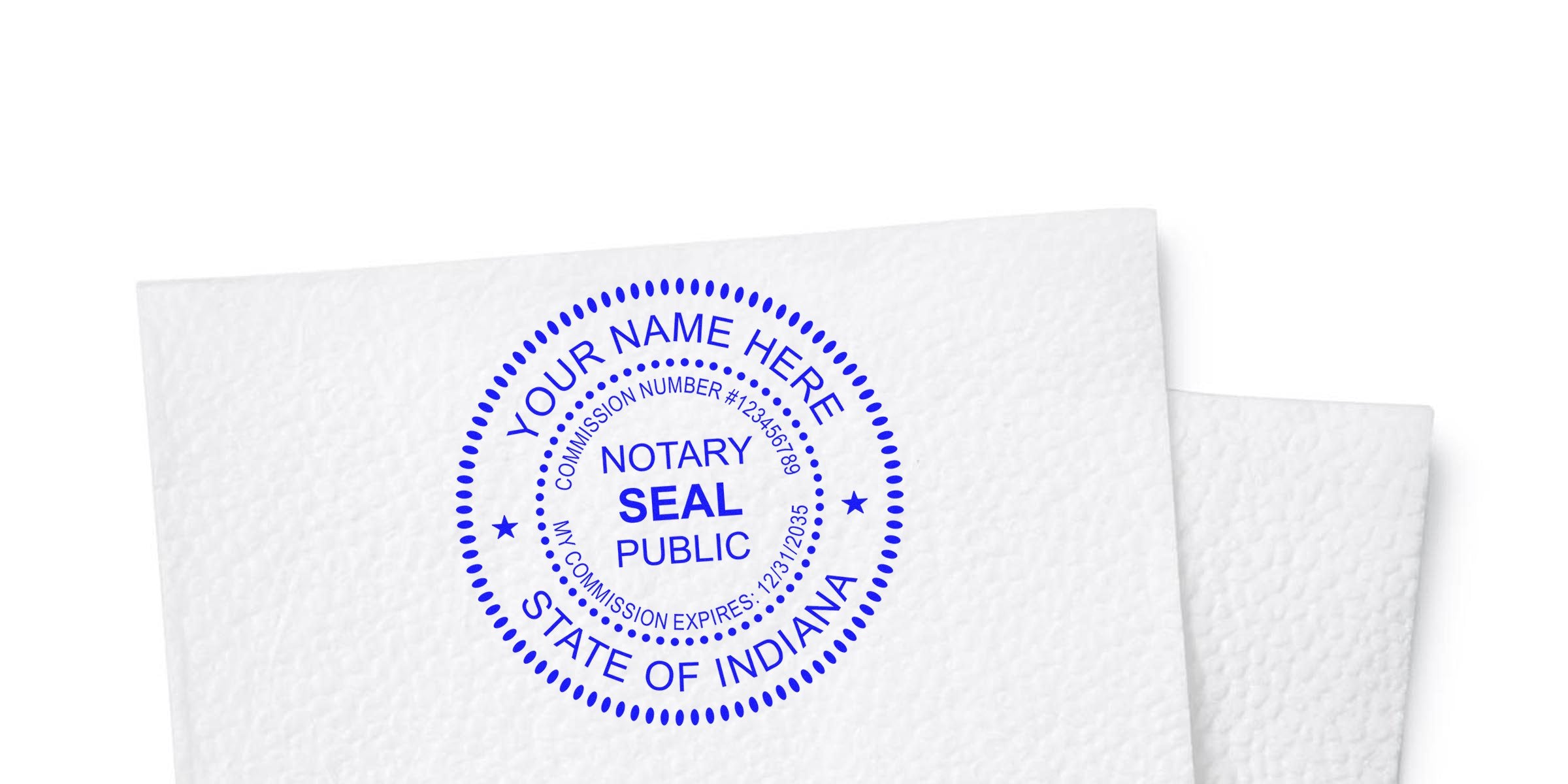 Indiana IN Notary Seal stamp with commission number and expiration date on textured paper, shown in Notary Seal Buying Guide.