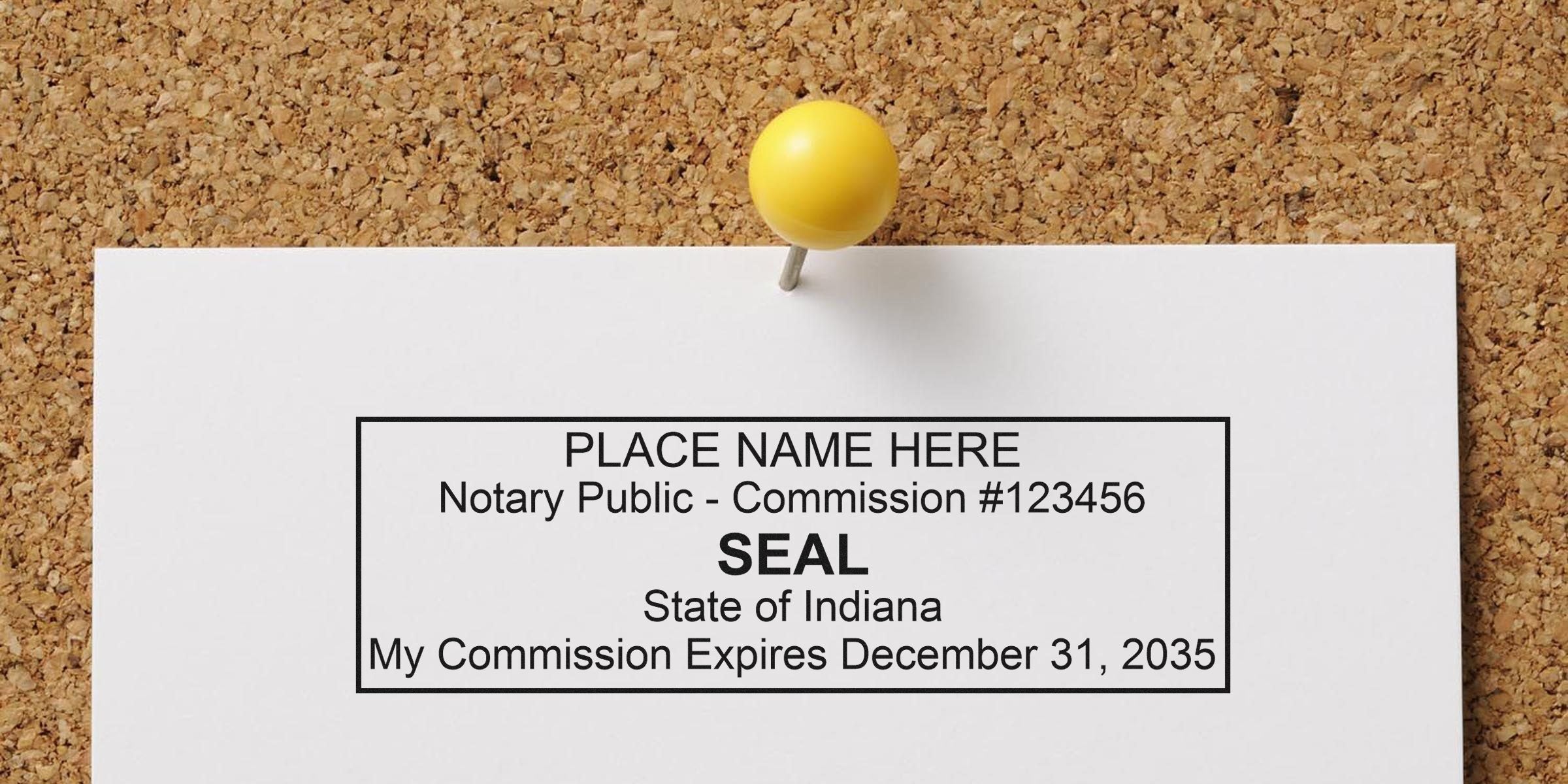 Indiana notary public seal sample with commission number and expiration date pinned on corkboard, part of Indiana notary kit and supplies.