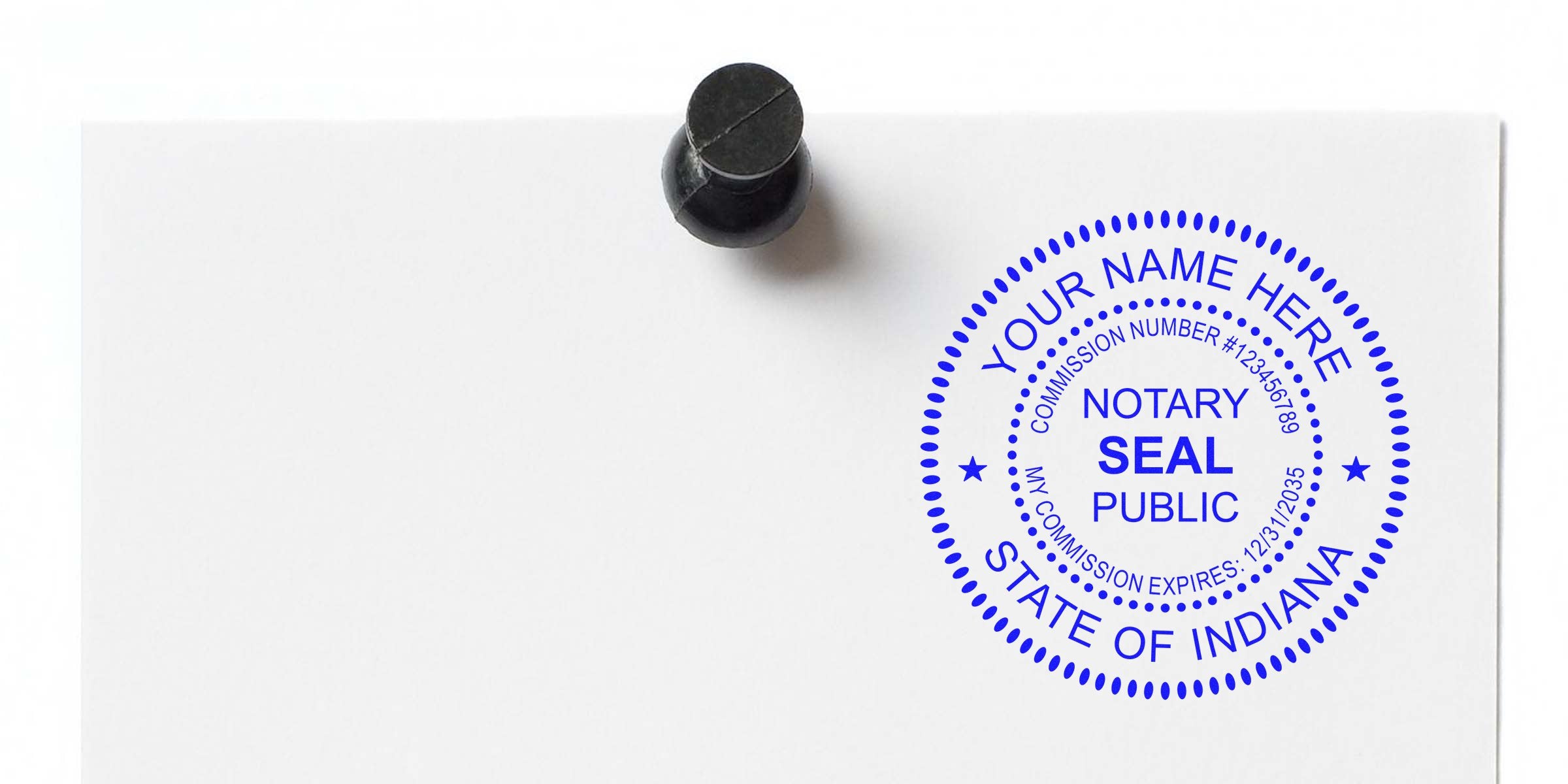 Indiana Notary Public seal stamp on white paper for official documents, with key Notary Stamp Tips included.