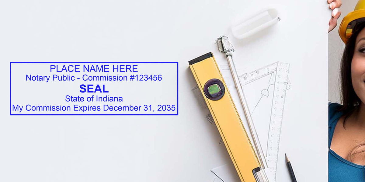 Indiana notary stamp with commission expiration date and construction tools on white board, showing a self-inking notary stamp.