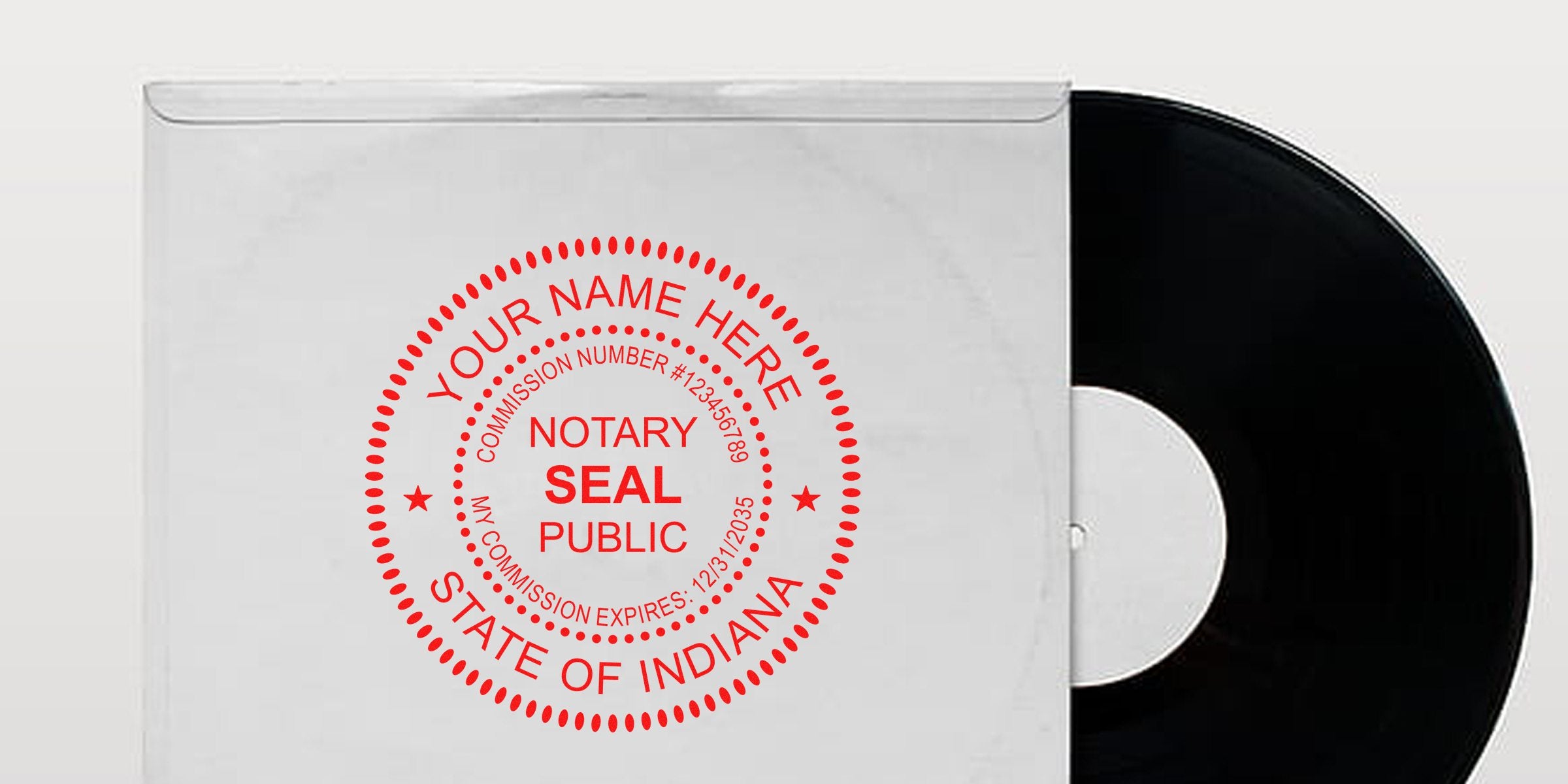Custom Indiana notary seal stamp on vinyl record sleeve, made to meet Indiana notary stamp law, ideal for new notaries guide.