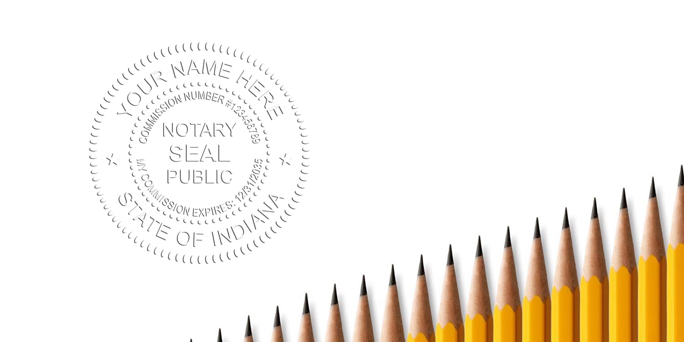Indiana notary stamp with the official state seal and yellow pencils in ascending order, showing how to obtain a notary stamp in Indiana.