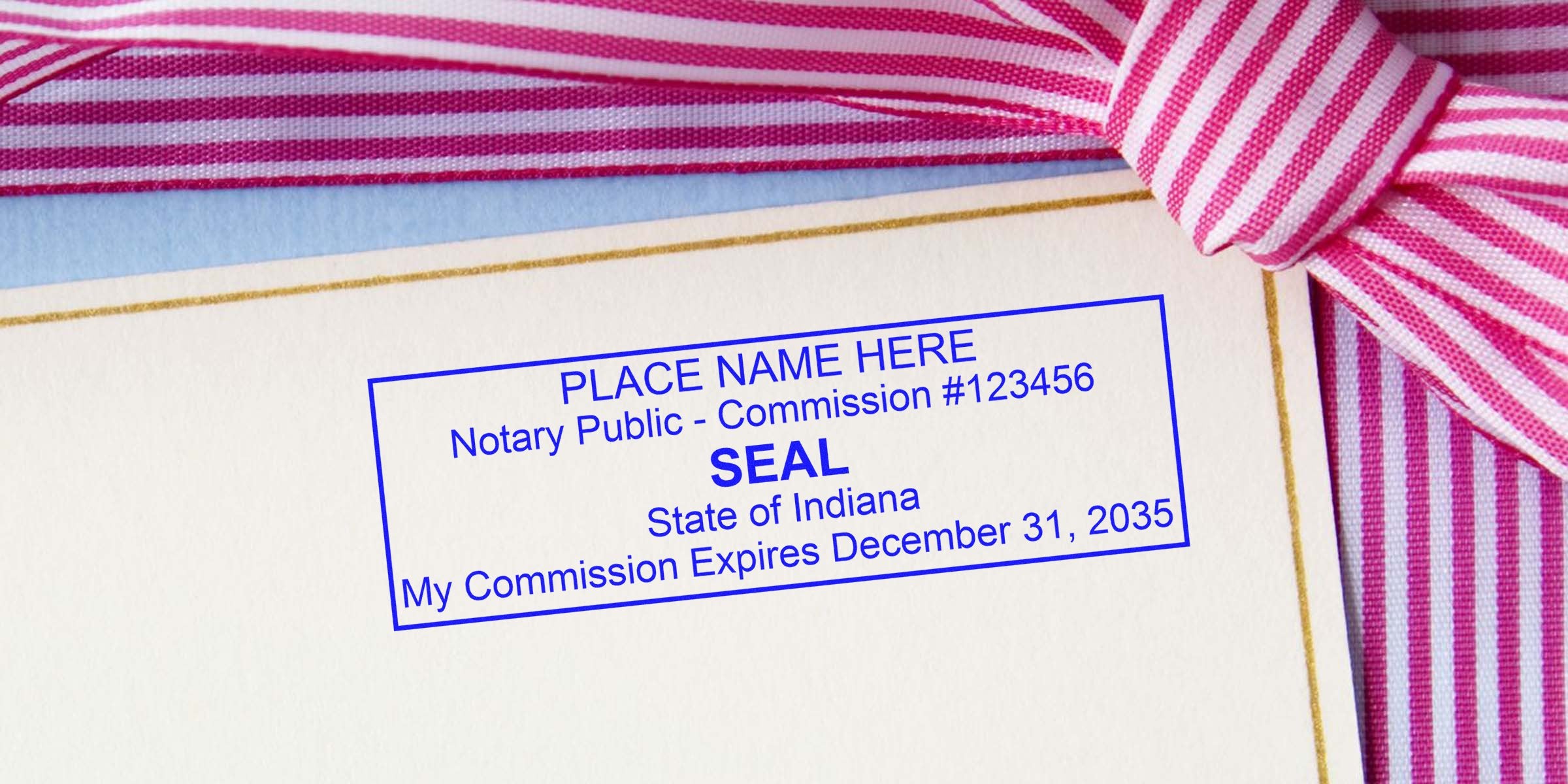 Indiana notary seal on document with pink striped ribbon, showing Indiana notary public seal and commission expiration date December 31, 2035; highlighting Indiana notary seal options.