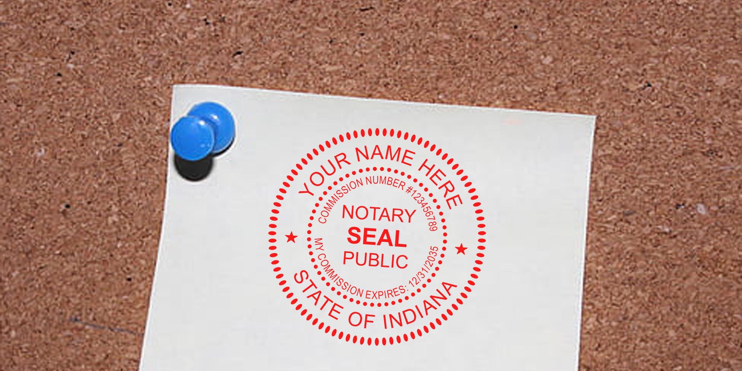 Indiana notary public seal stamp on white paper pinned to corkboard, showing key Indiana notary supplies and essentials.
