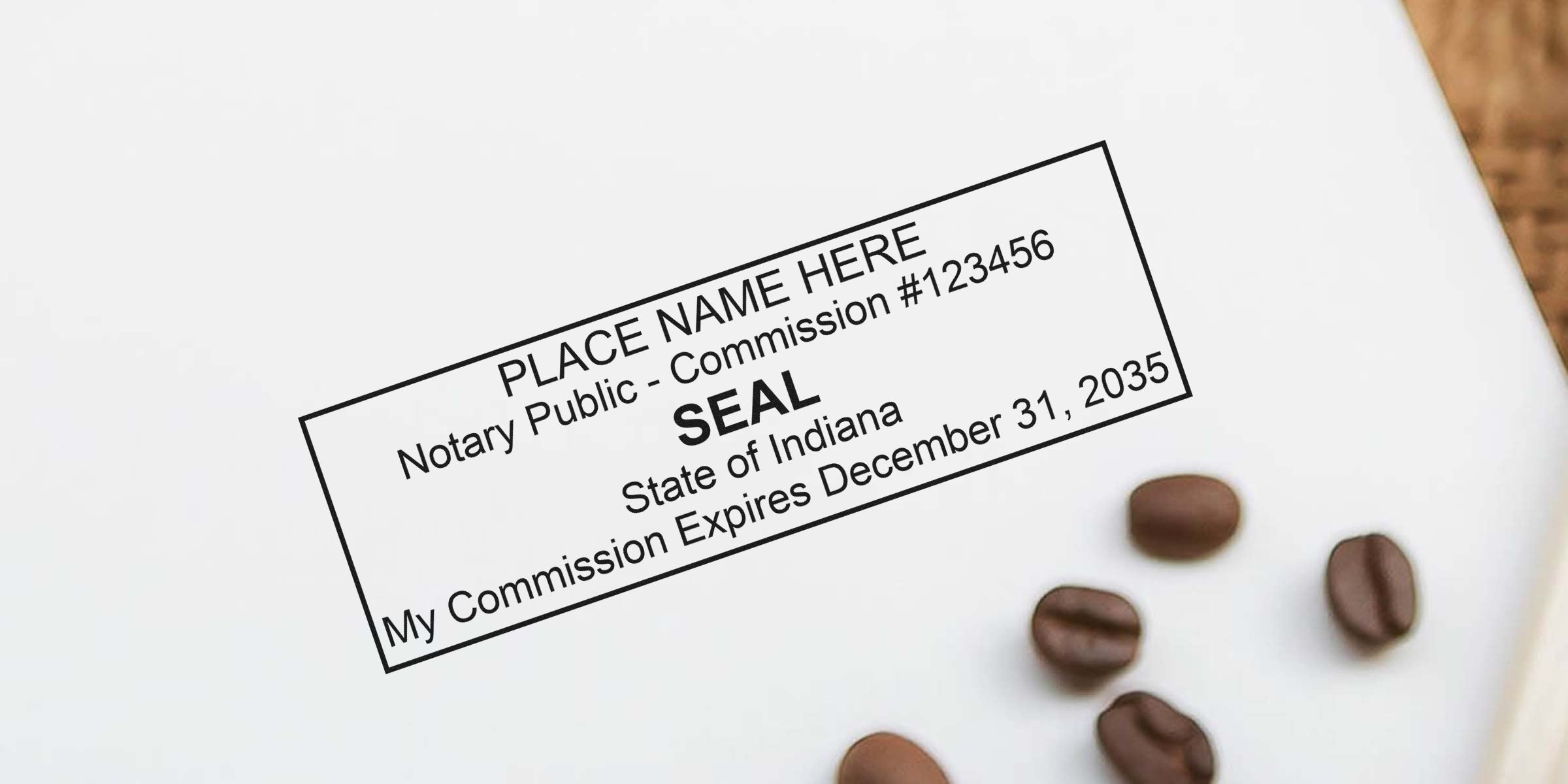 Indiana notary public seal on white paper with coffee beans, showing official seal and commission expiration date, featuring affordable notary tools and supplies.