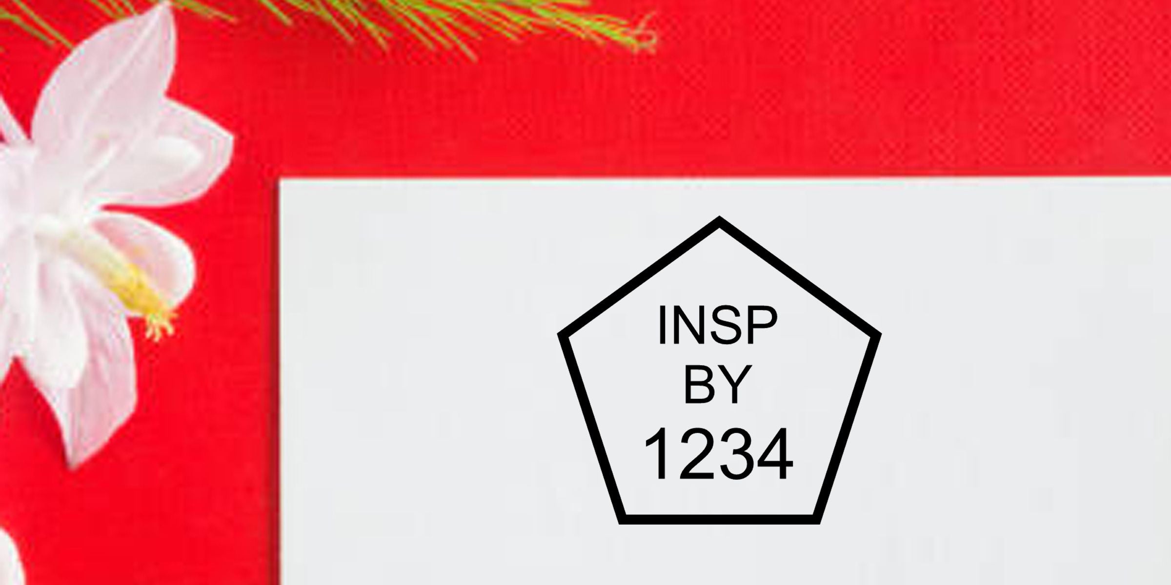 Red floral background with white flower and a pentagon logo reading “INSP BY 1234” on a white panel