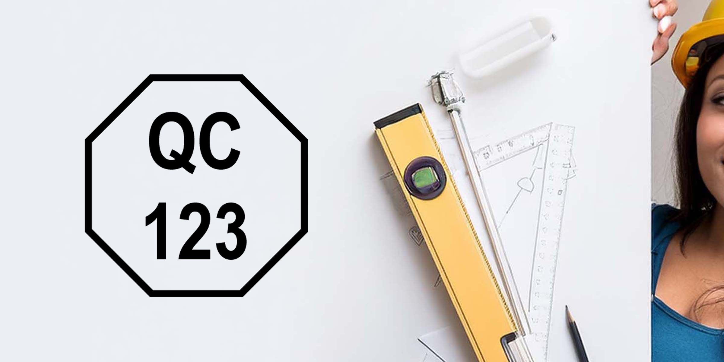 QC 123 quality control inspection graphic with drafting tools, ruler, level, pencil, and engineer in a yellow hard hat on a white background