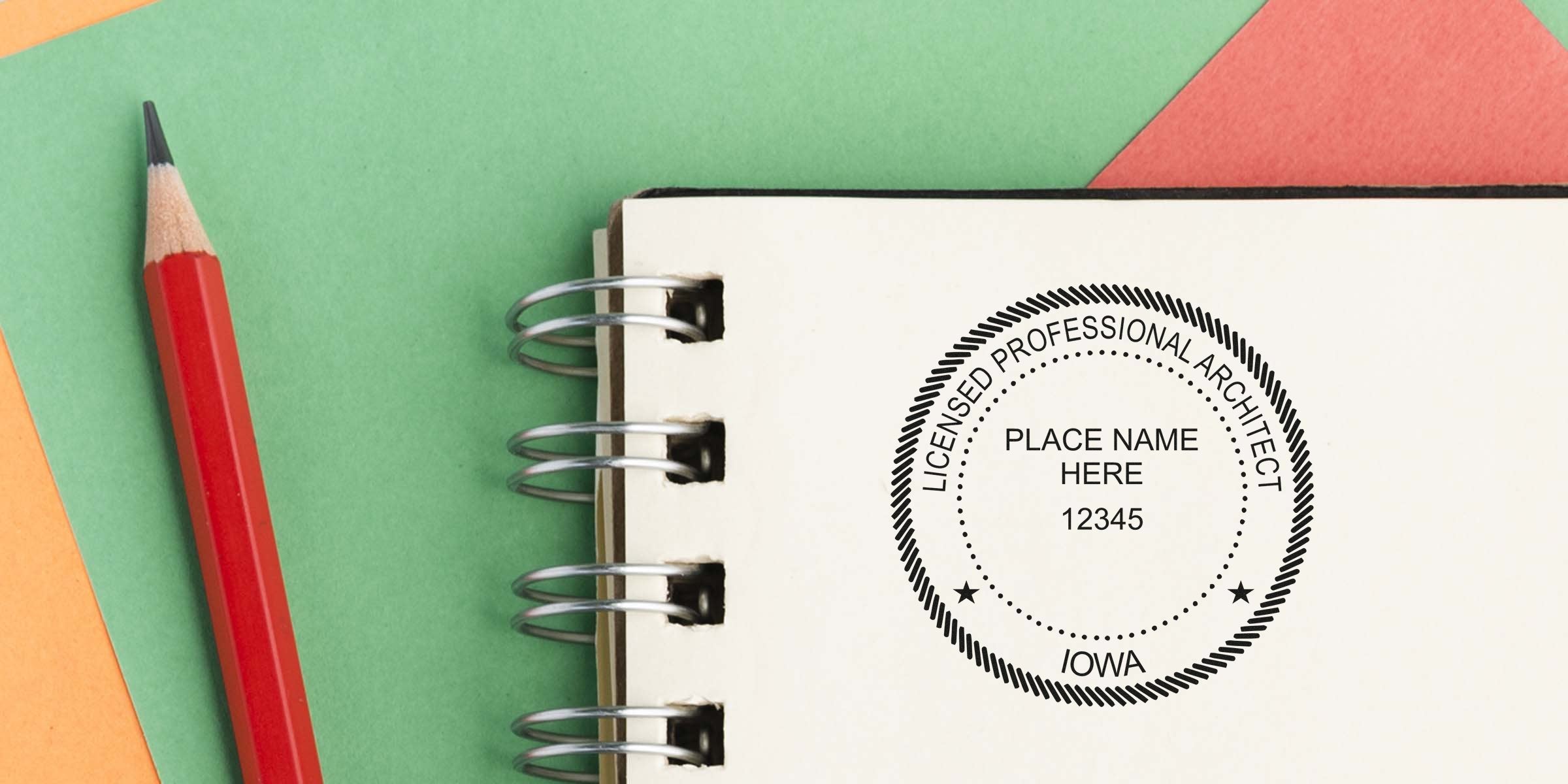 Iowa architect seals stamped on notebook with red pencil on vibrant background by skilled experts.