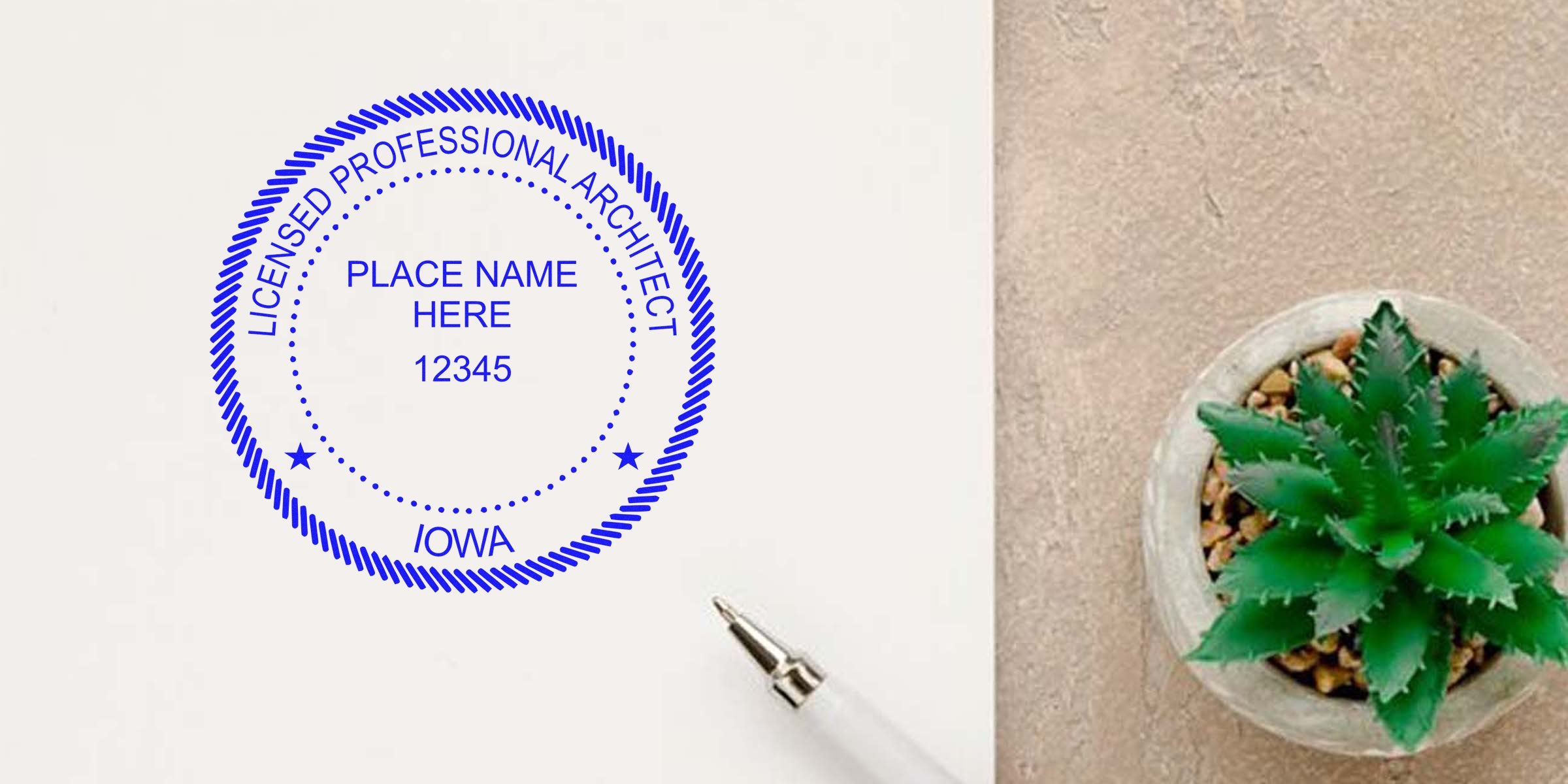 Iowa licensed architect stamp on paper with pen and succulent, symbolizing Iowa architect seal and license renewal.