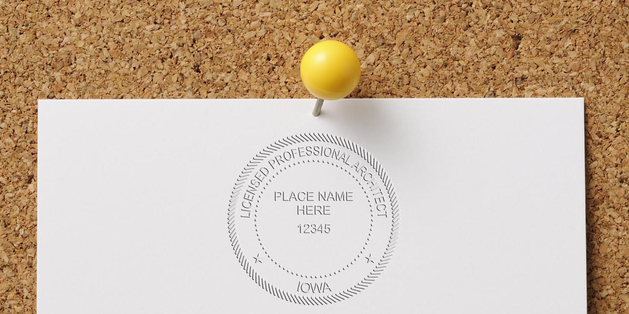 Licensed architect seal pinned on corkboard with yellow pushpin, showing Iowa architect stamp and related information.