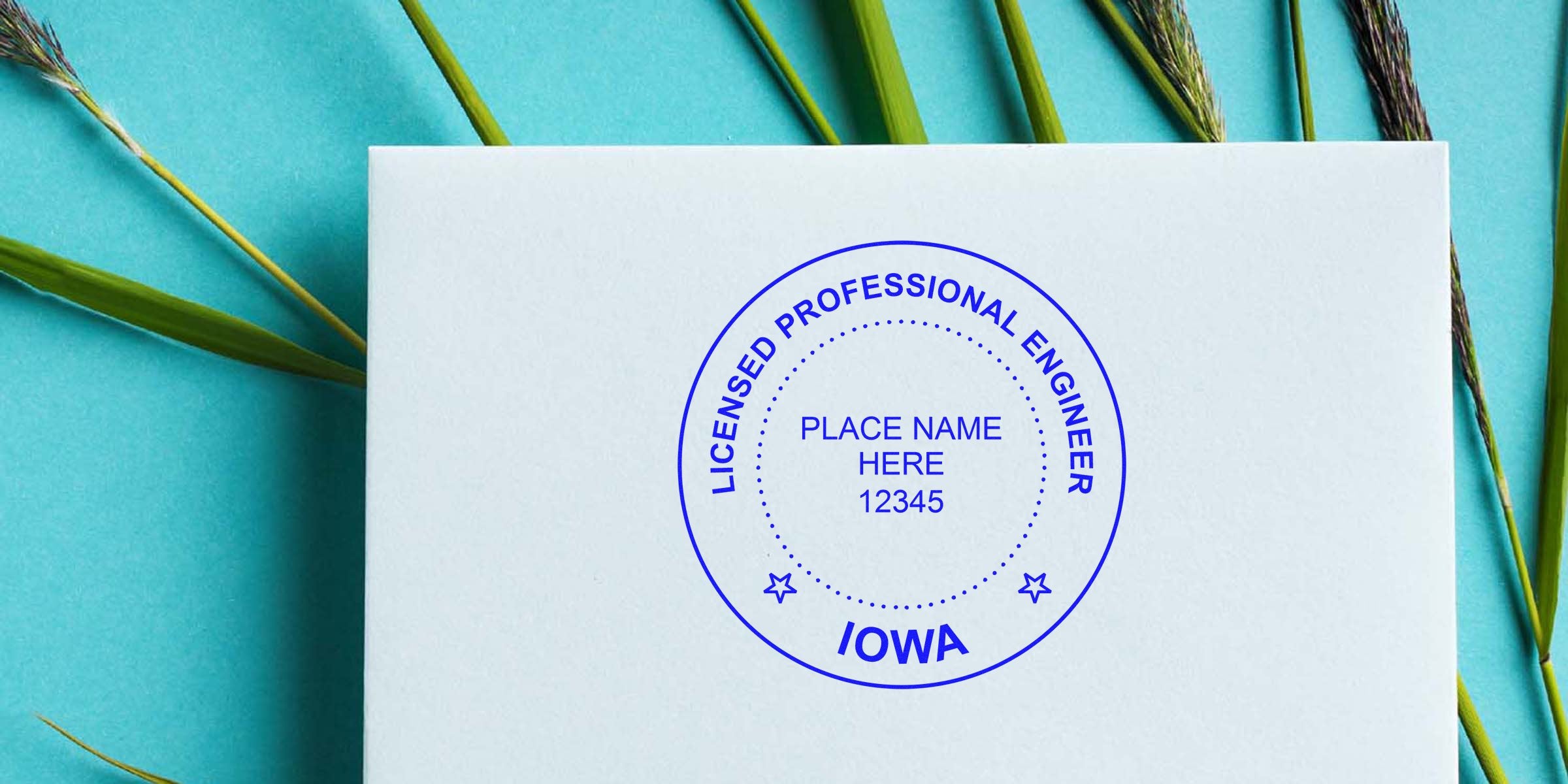 Iowa engineer stamp on white paper with green grass and blue sky, meeting all engineering stamp standards.