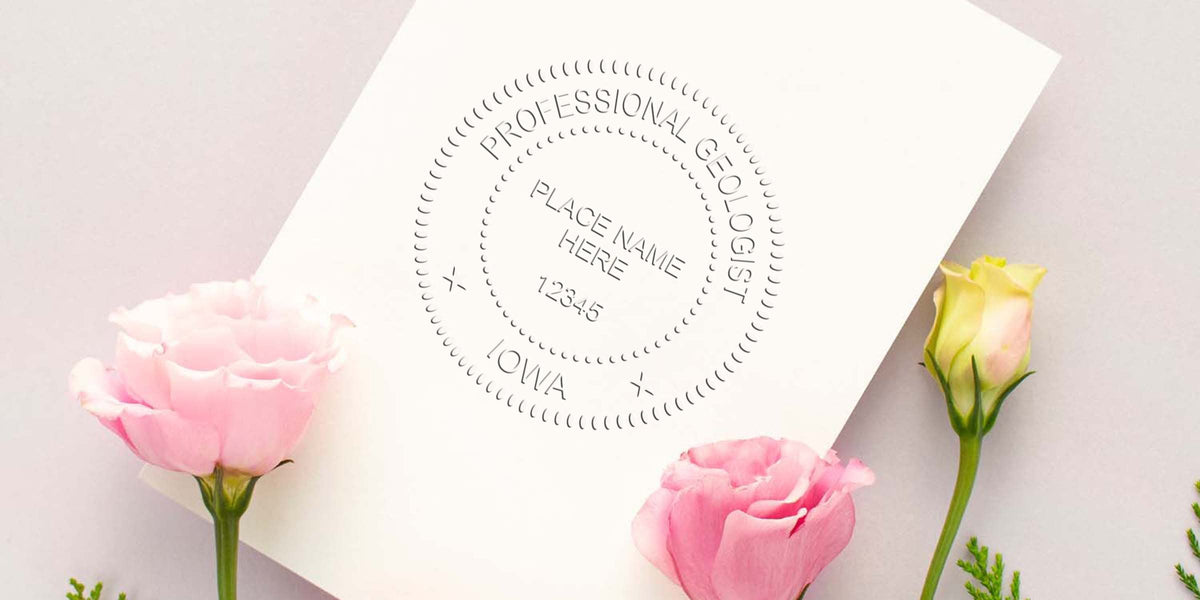 Professional geologist certification seal with pink and yellow flowers on white, highlighting Iowa Geologist Stamp cost and pricing.