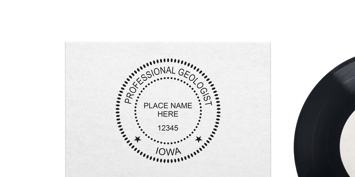 Professional Iowa Geologist Stamp on white paper with place name; includes tips for Geologist Stamp application.