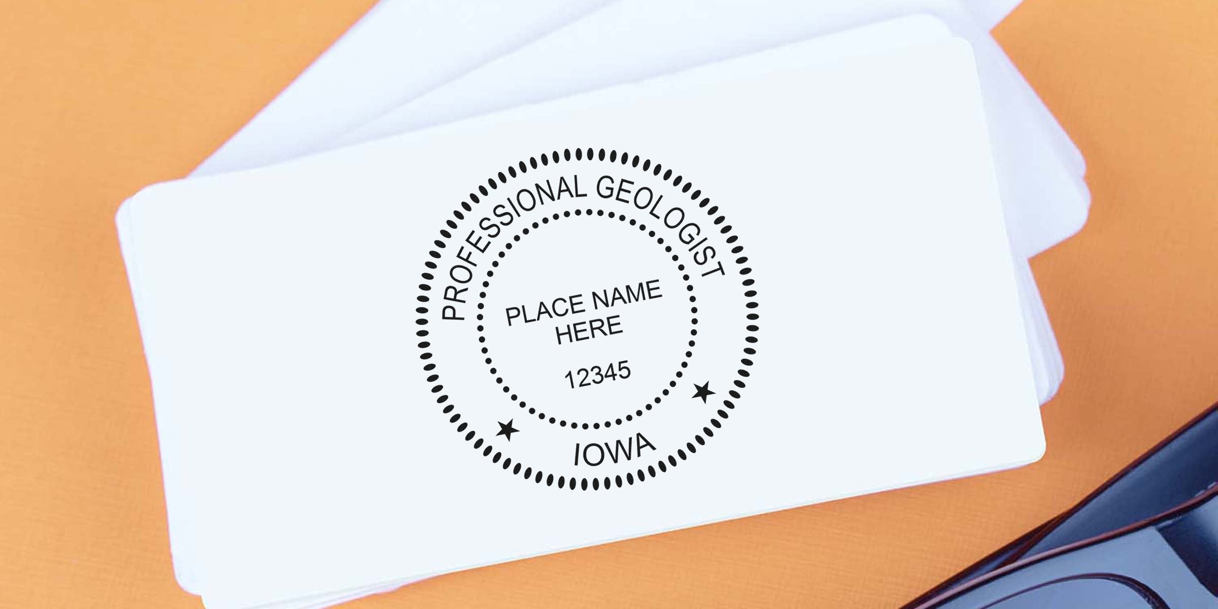 Professional Geologist stamp template for Iowa certification on white cards, including place name and license number, compliant with Iowa geologist stamp rules and regulations.