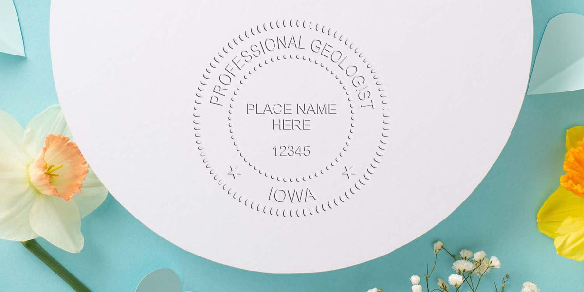 Iowa Professional Geologist Seal stamp with floral design, meeting Iowa Geologist Seal requirements for certification and licensing.