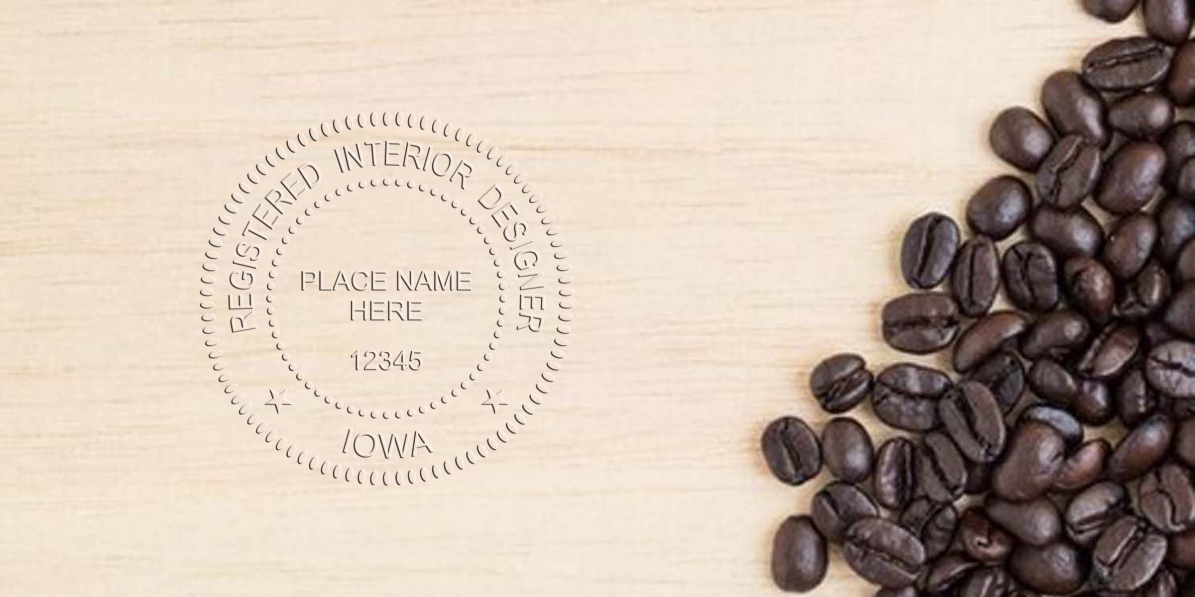 Dark roasted coffee beans on a light wood surface with an Iowa interior designer stamp, emphasizing the cost and details of the Iowa interior designer stamp.