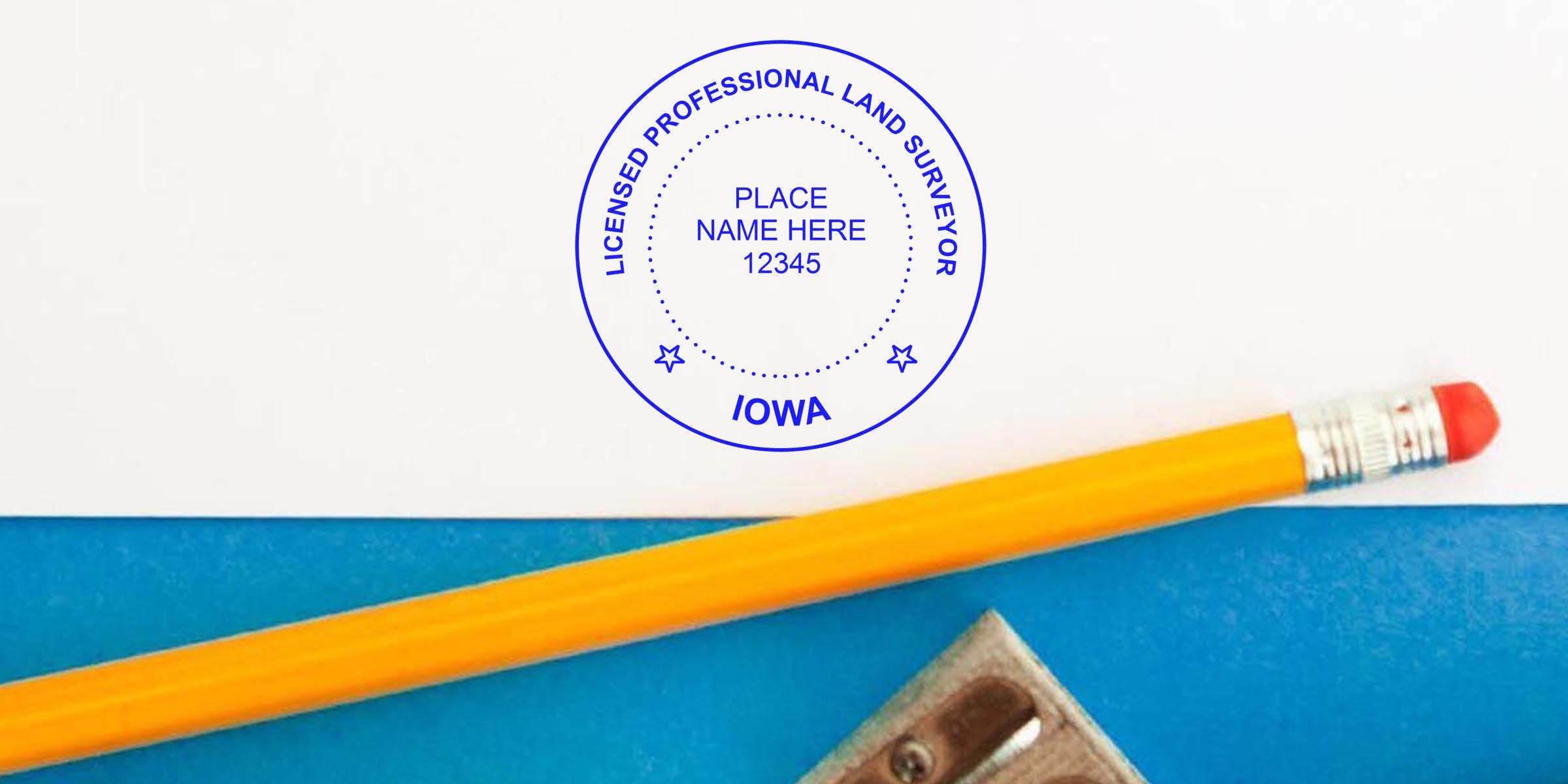 Iowa land surveyor stamp with pencil and sharpener on blue and white background, showing Iowa land surveyor stamp requirements.