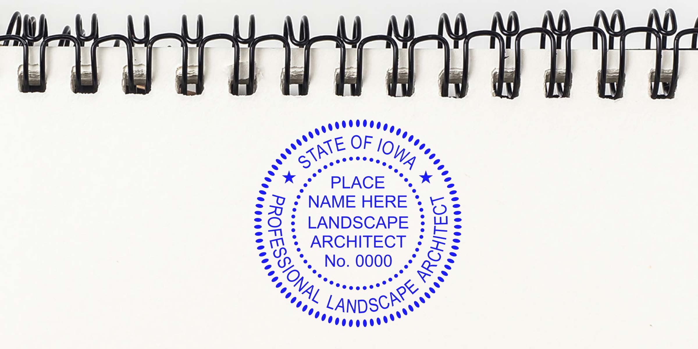 Iowa landscape architect stamp on spiral notebook page showing the State of Iowa professional landscape architect seal.