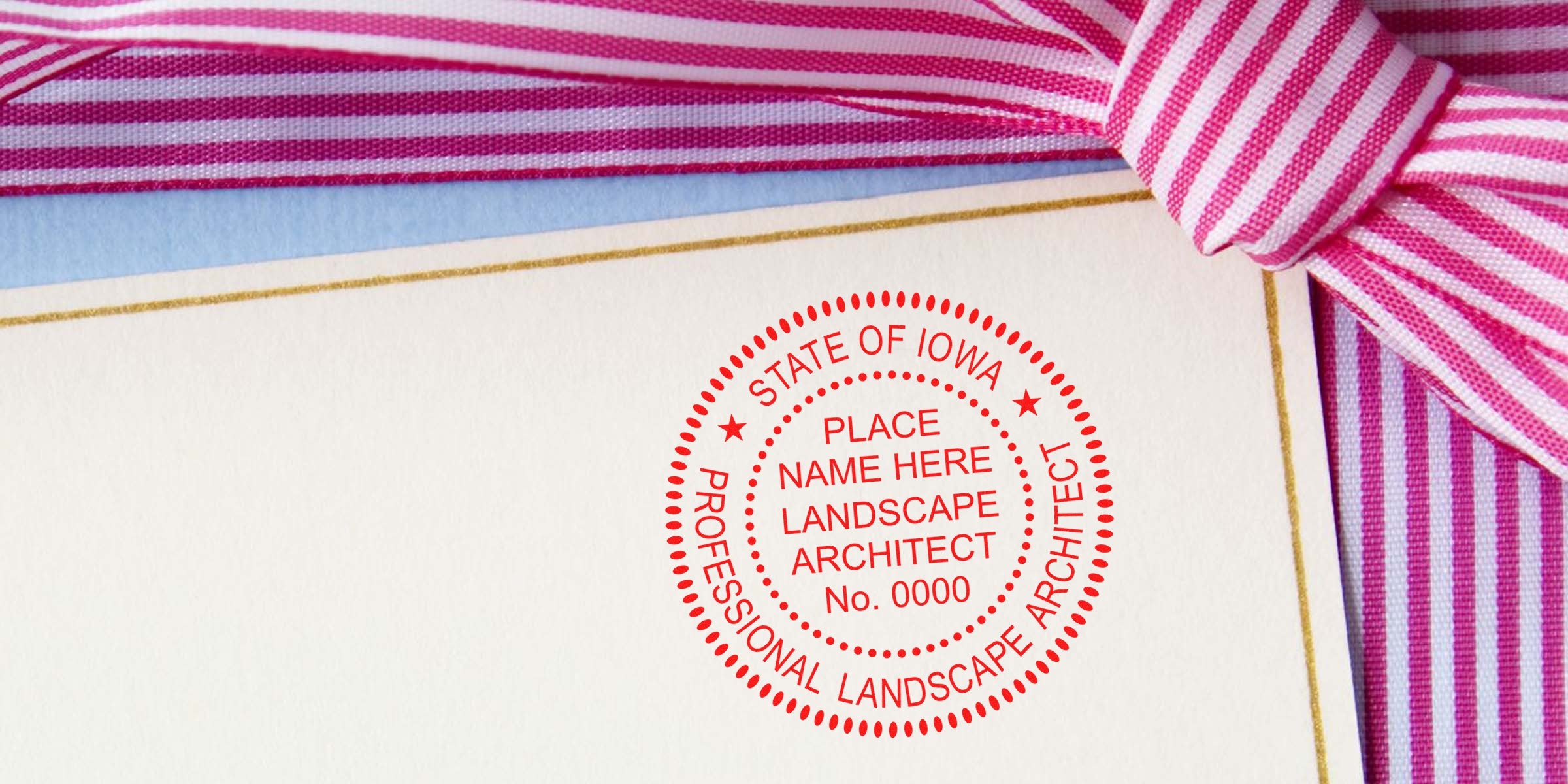Iowa professional landscape architect seal on certificate with pink striped ribbon, featuring a landscape architect stamp made by an Iowa stamp maker.