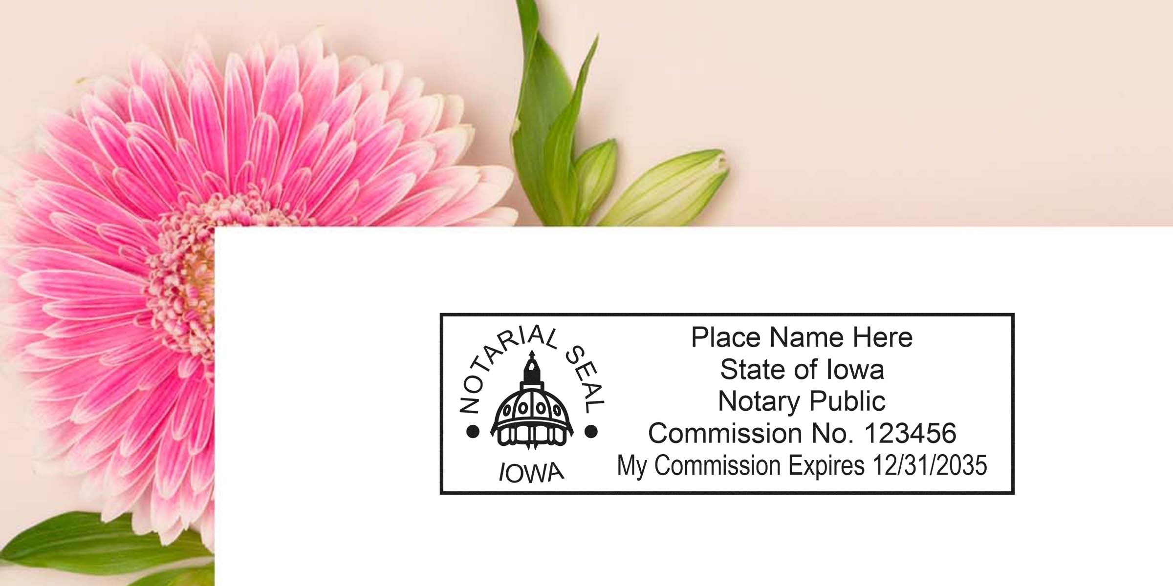 Iowa Notary Public seal and stamp showing commission number and expiration date on white background with pink flower.