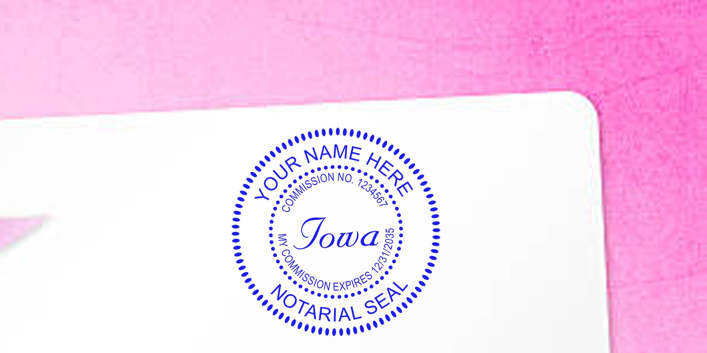 Iowa notary stamp with customizable name and commission details on white paper, surrounded by essential Iowa notary supplies and tools.