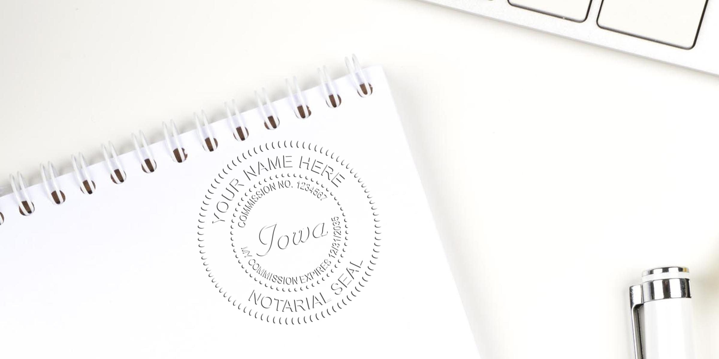 Iowa notary seal on white spiral notebook with silver pen and keyboard, perfect for official documents. Get your Iowa notary seal here.