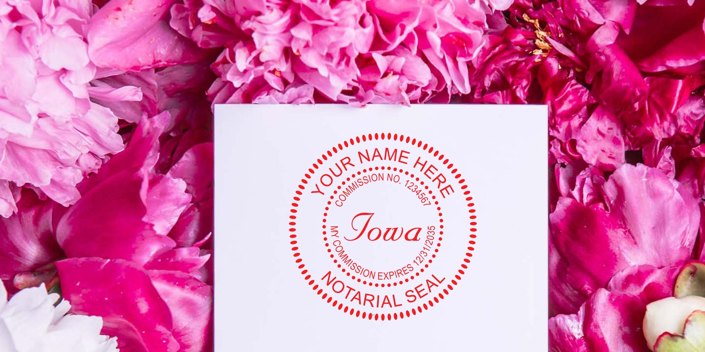 Iowa notary seal on white paper, framed by pink peonies, showcasing the importance of notary stamps for official documents.