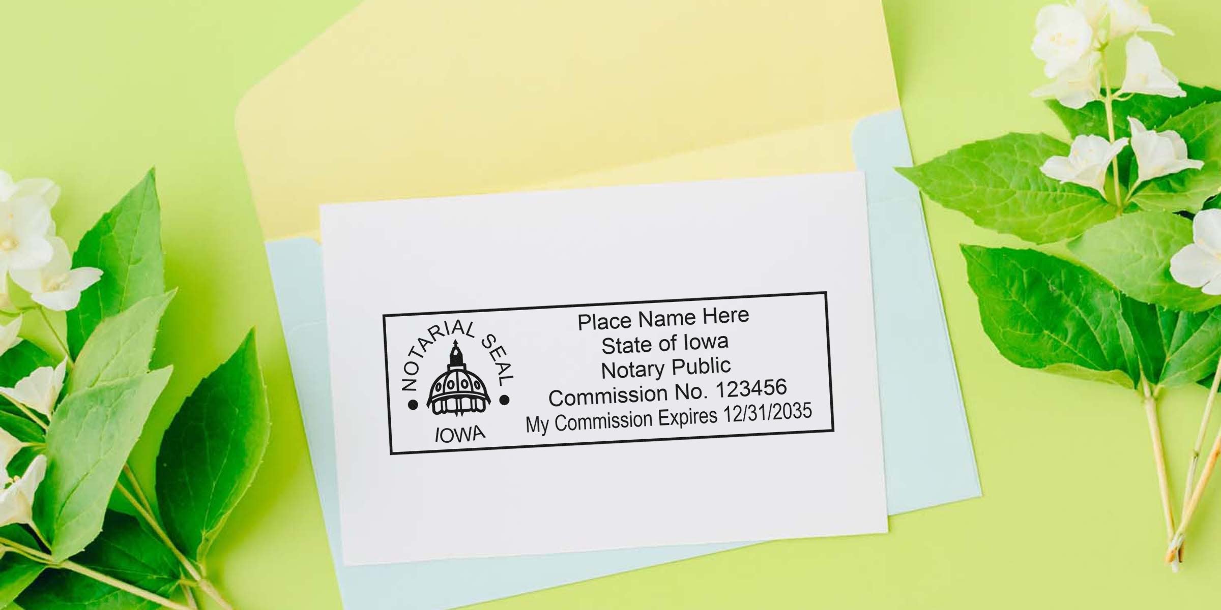 Iowa notary stamp on white paper with commission details, set against a floral background, featuring Iowa notary stamp and supplies.