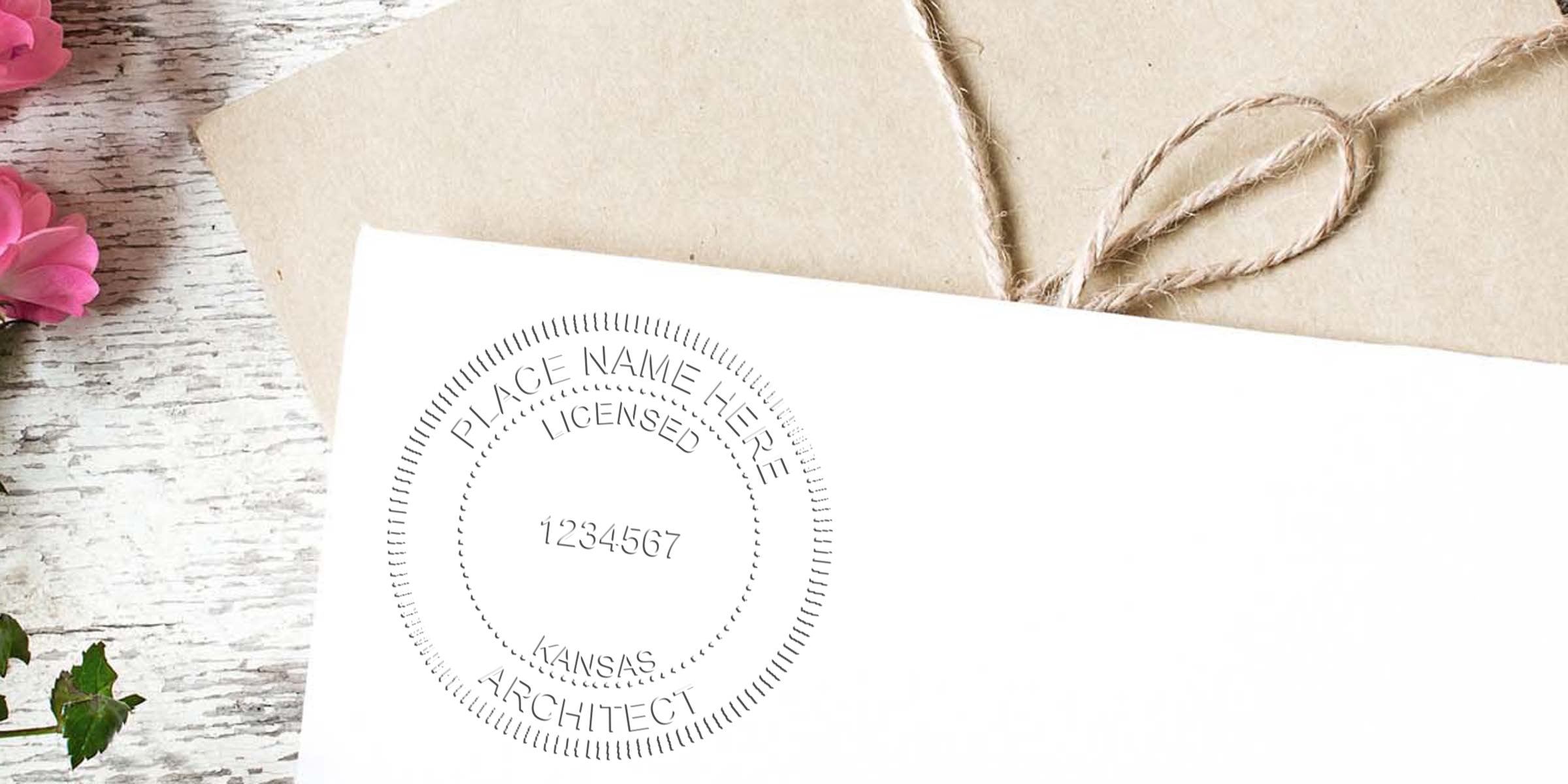 Kansas architect stamp on white paper with rustic envelope and pink flowers on wooden table, showing online purchase steps.
