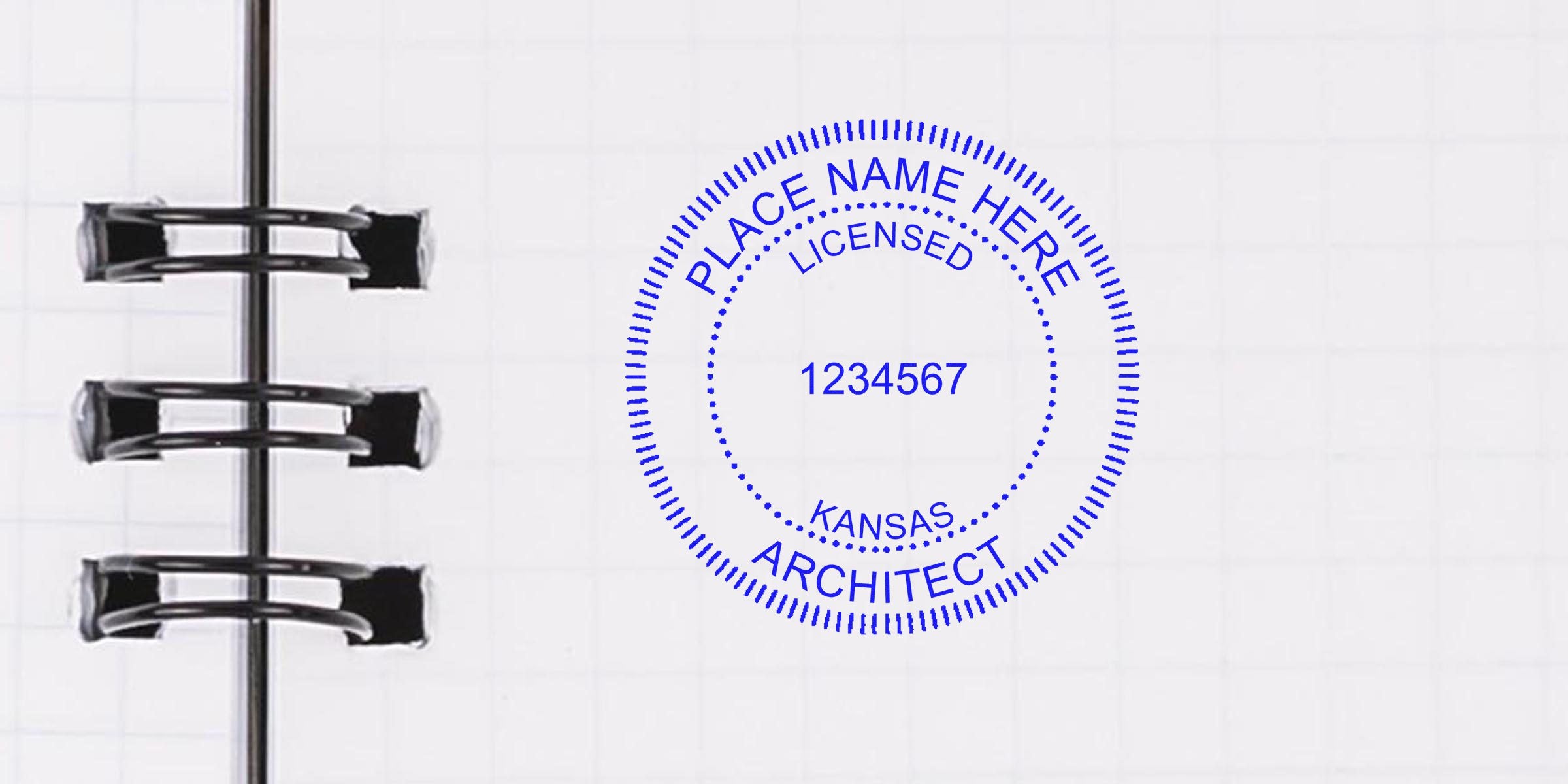Kansas architect license renewal stamp on notebook page for seal renewal.
