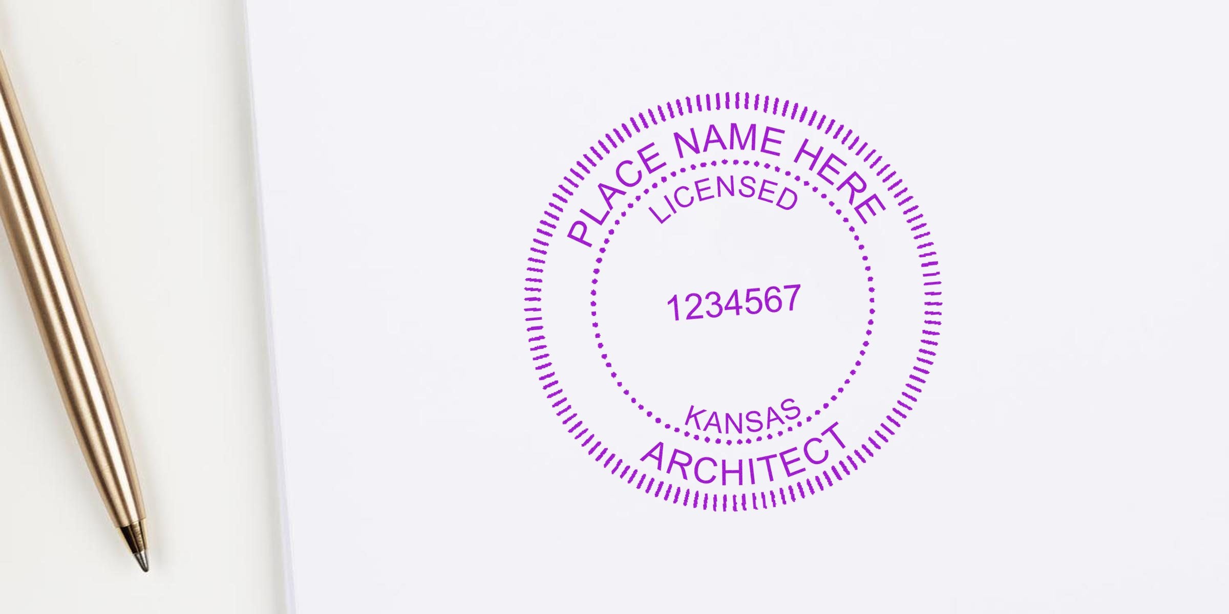 Kansas architect seal stamped on white paper, with a pen nearby, displaying embosser choices.