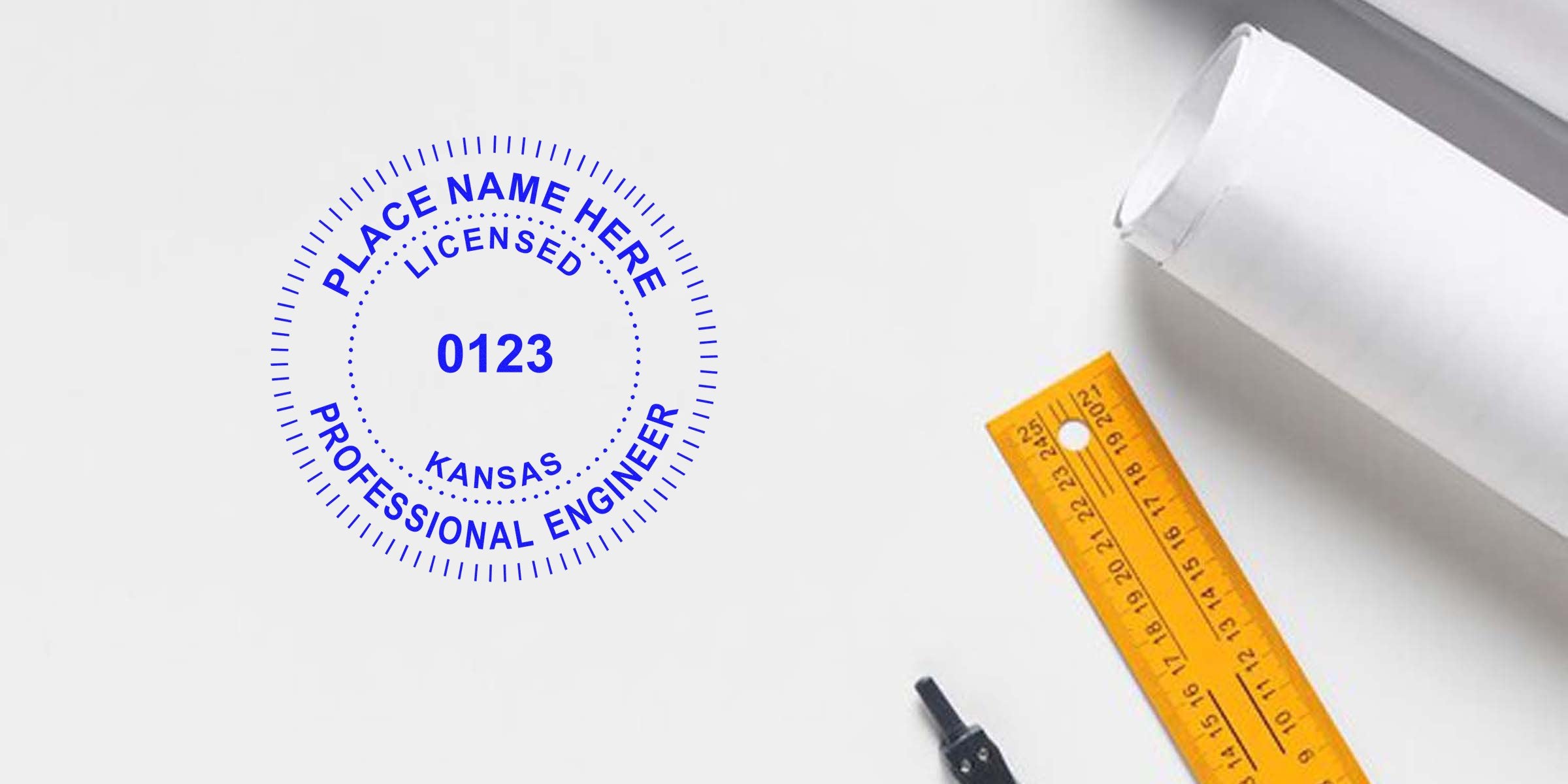 Professional engineer seal Kansas with PE stamp, drafting tools, and blueprint roll on white background, emphasizing PE stamp rules.