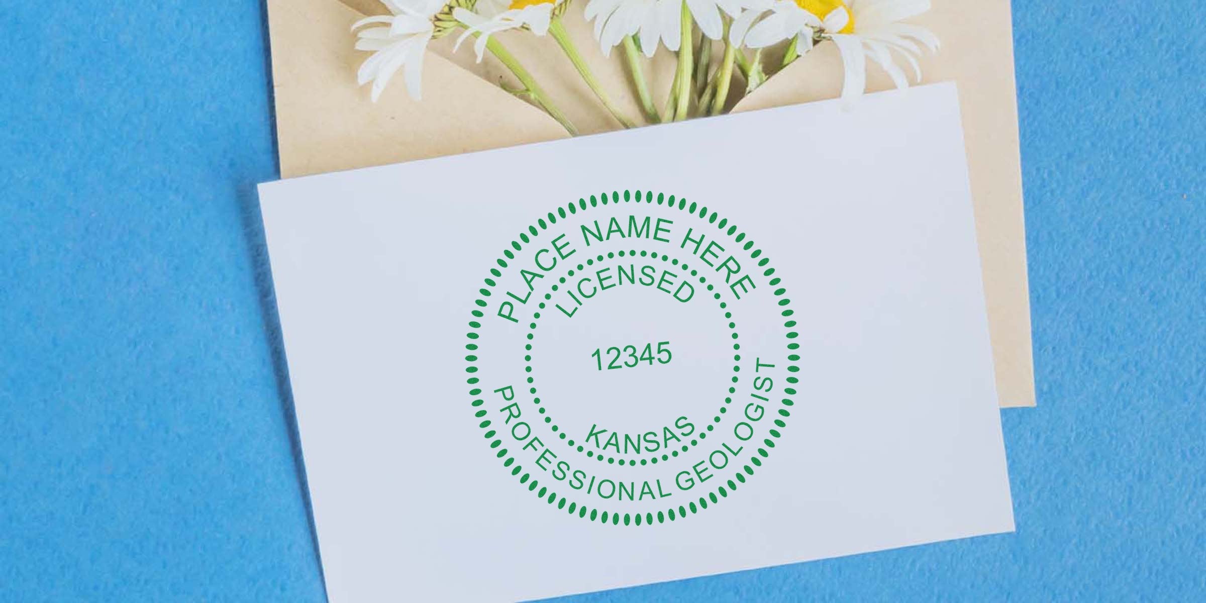 Kansas licensed professional geologist stamp on white card with flowers and blue background, showing detailed stamp specs.