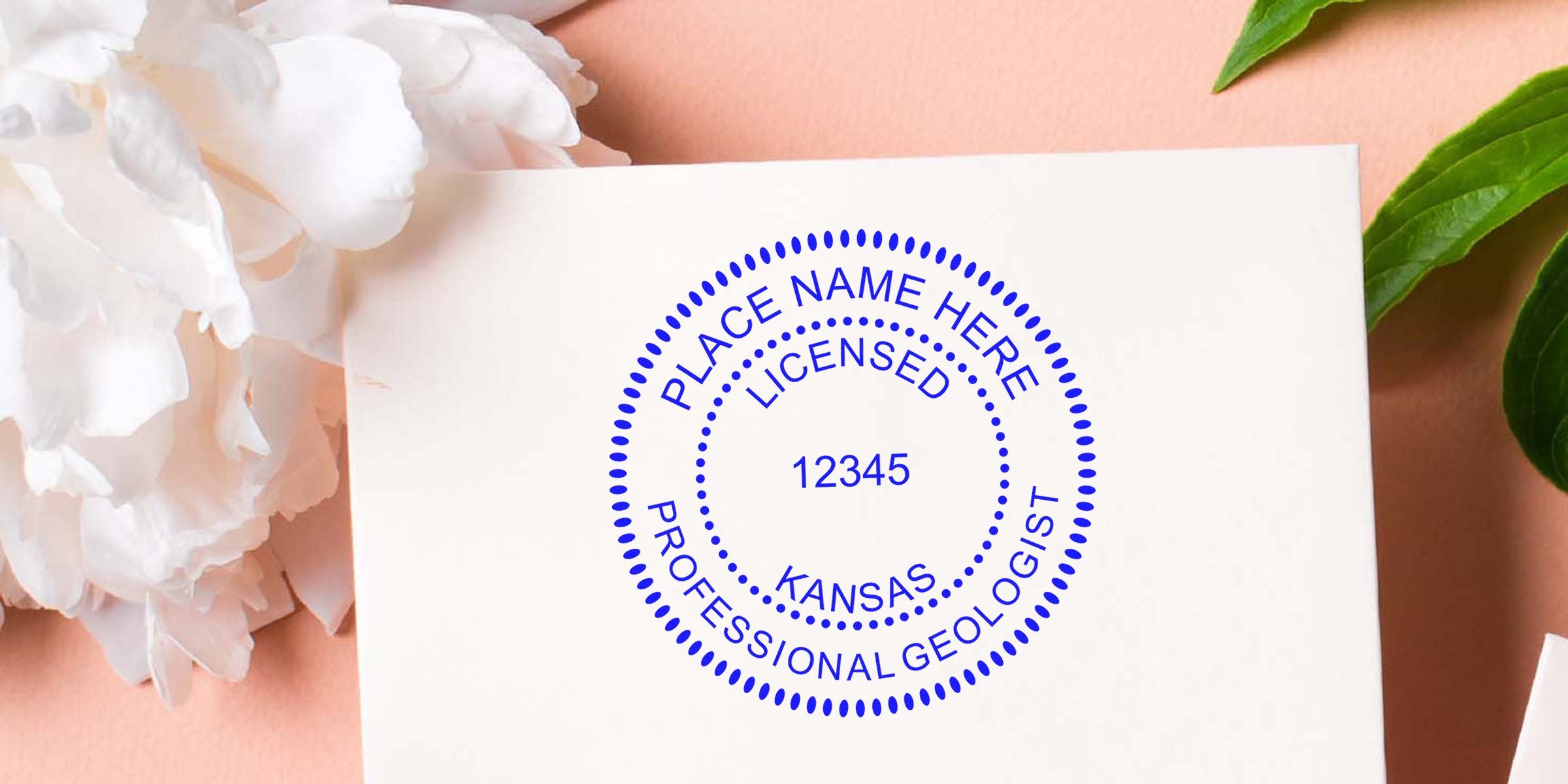 Kansas geologist license stamp with seal design on white paper, surrounded by flowers and green leaves.