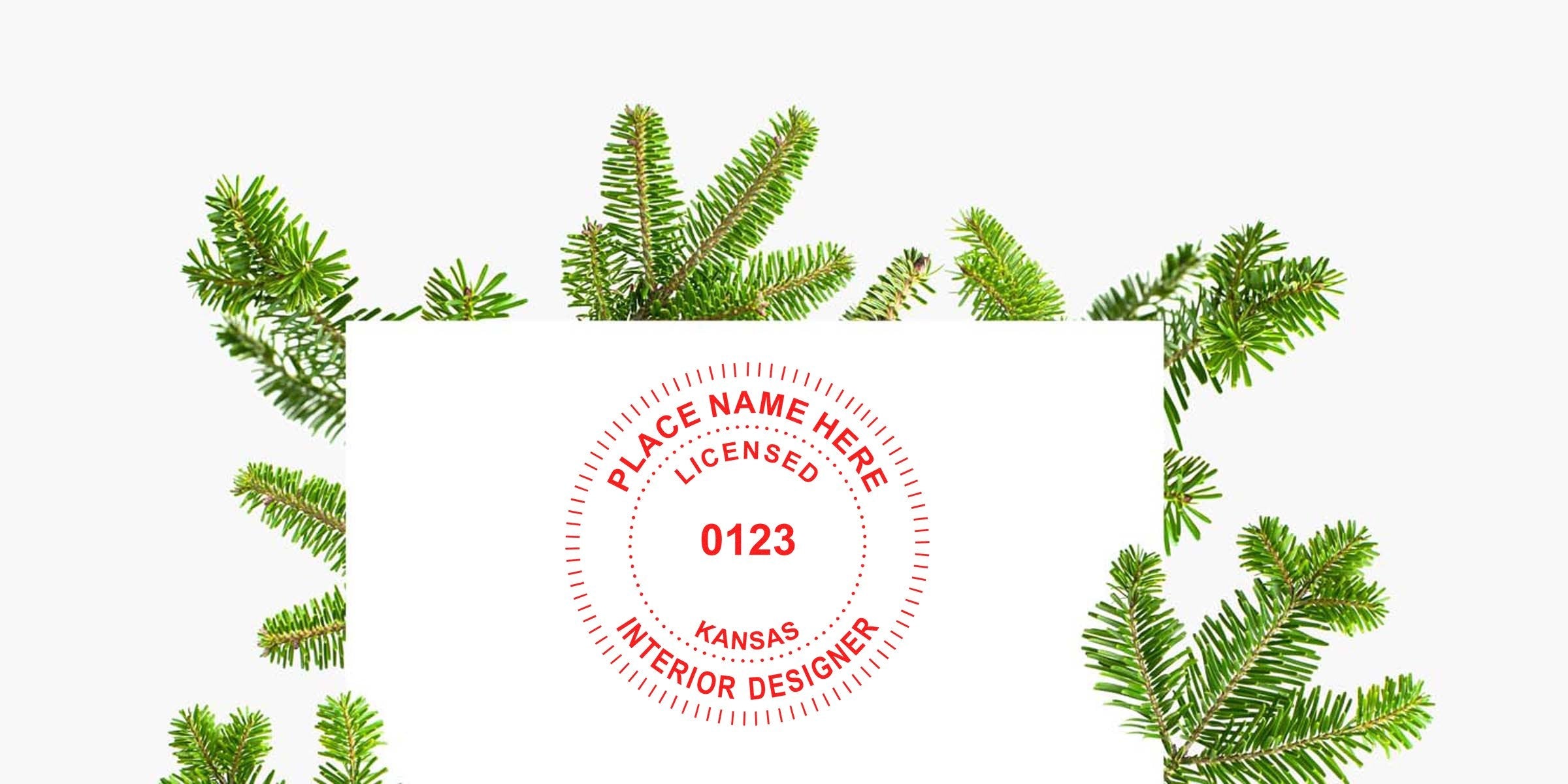 Licensed Interior Designer Stamp Kansas with Green Pine Branches Background, Featuring Kansas Interior Designer Exam and Interior Design Exam Tips