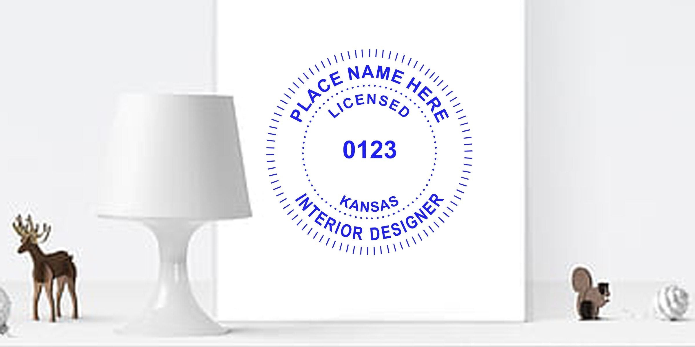 Licensed interior designer seal Kansas 0123 on white wall with modern lamp and decorative animal figurines, showcasing Kansas design tips and common stamp size errors.