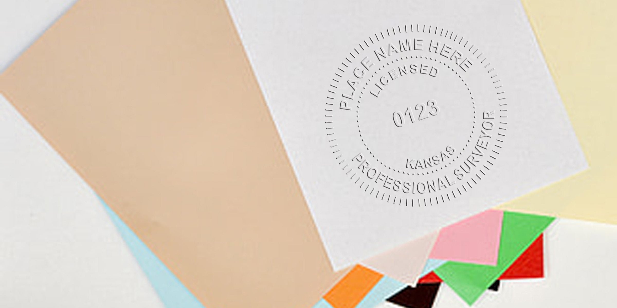 Embossed Kansas land surveyor stamp on colorful paper, meeting legal requirements for licensed certification.