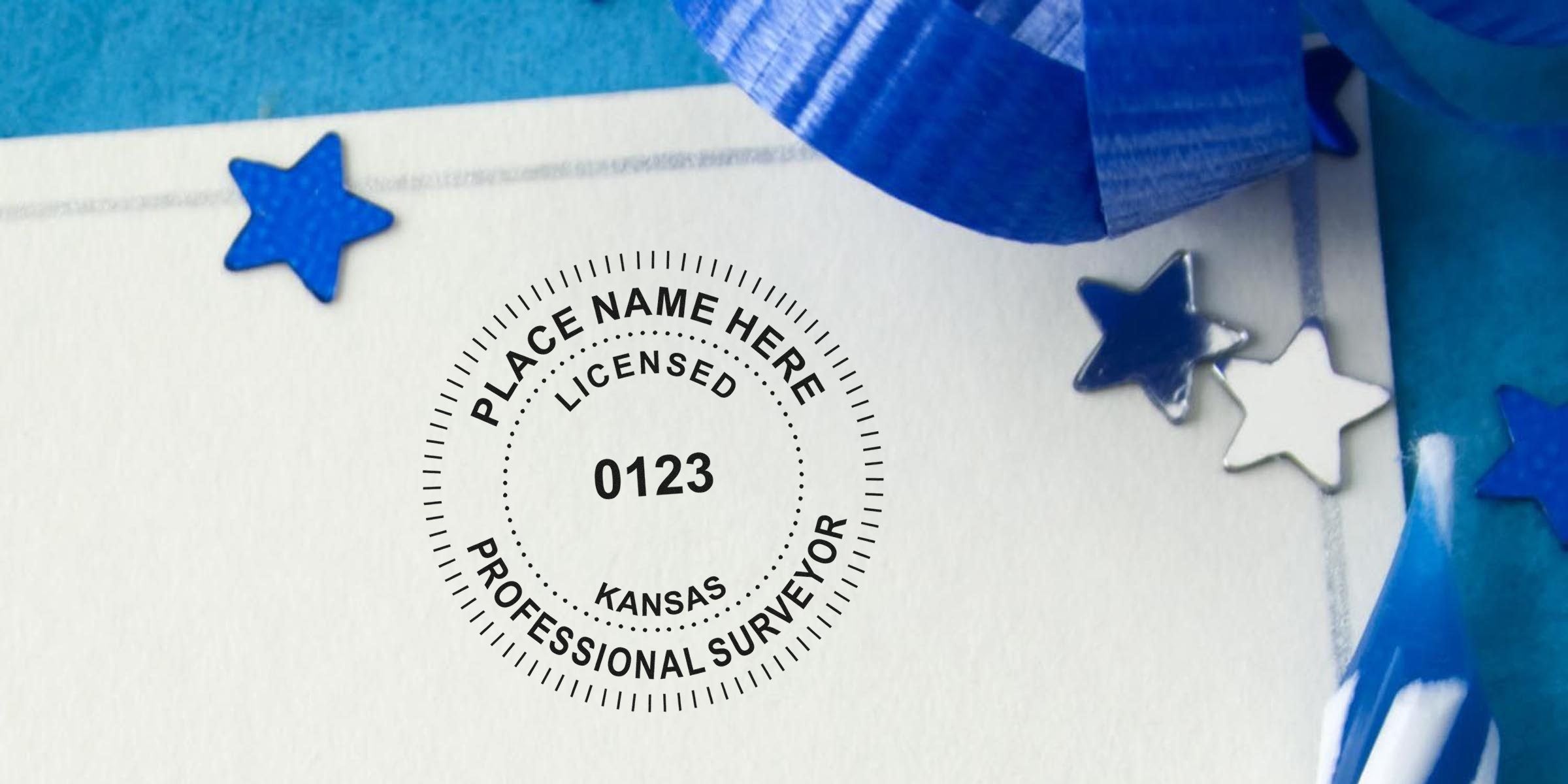 Kansas land surveyor stamp with a licensed professional seal, blue stars, and ribbon on white paper, showcasing land surveyor stamp details.