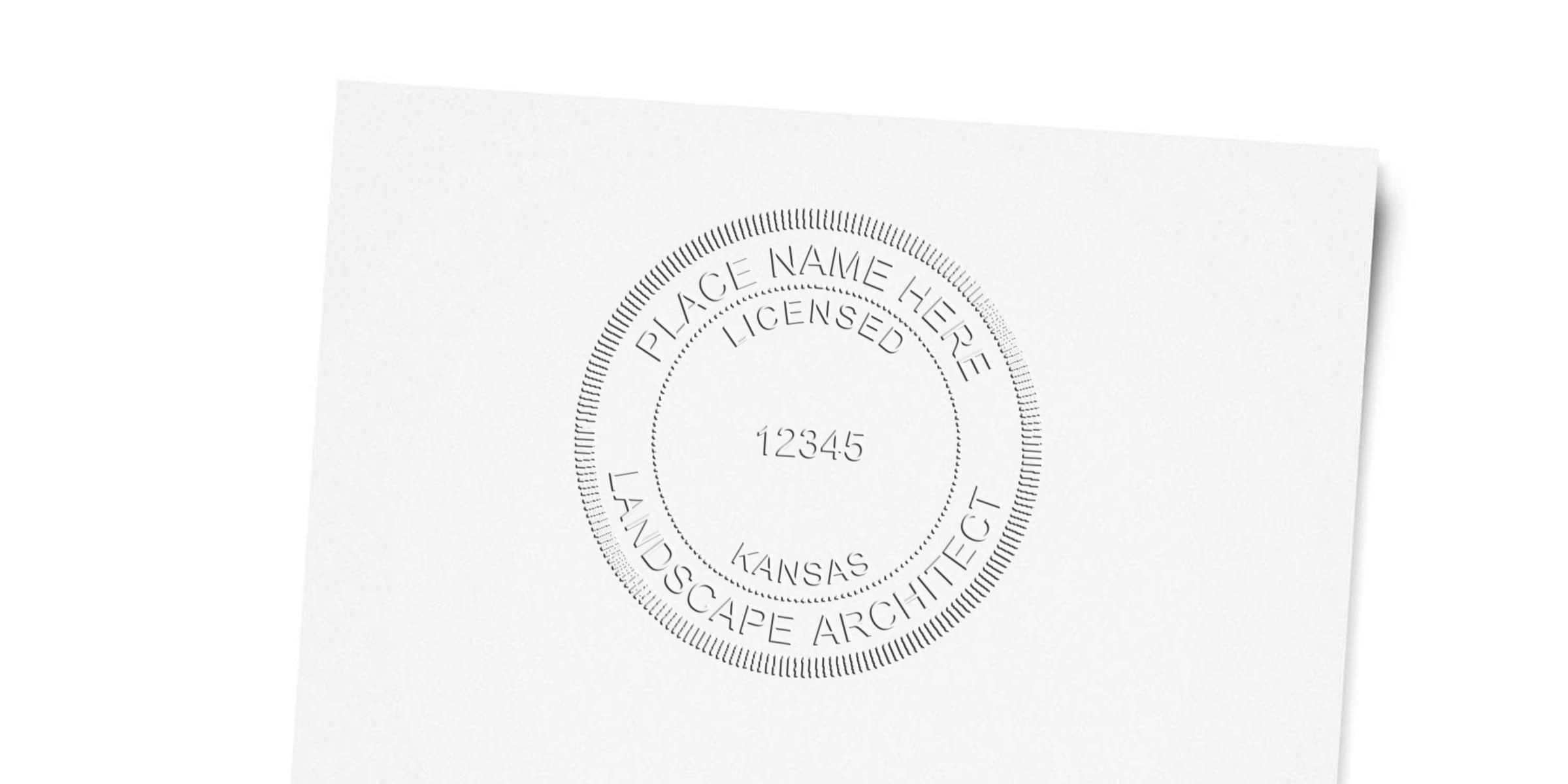 Embossed stamp of Kansas landscape architect license #12345 on white paper.