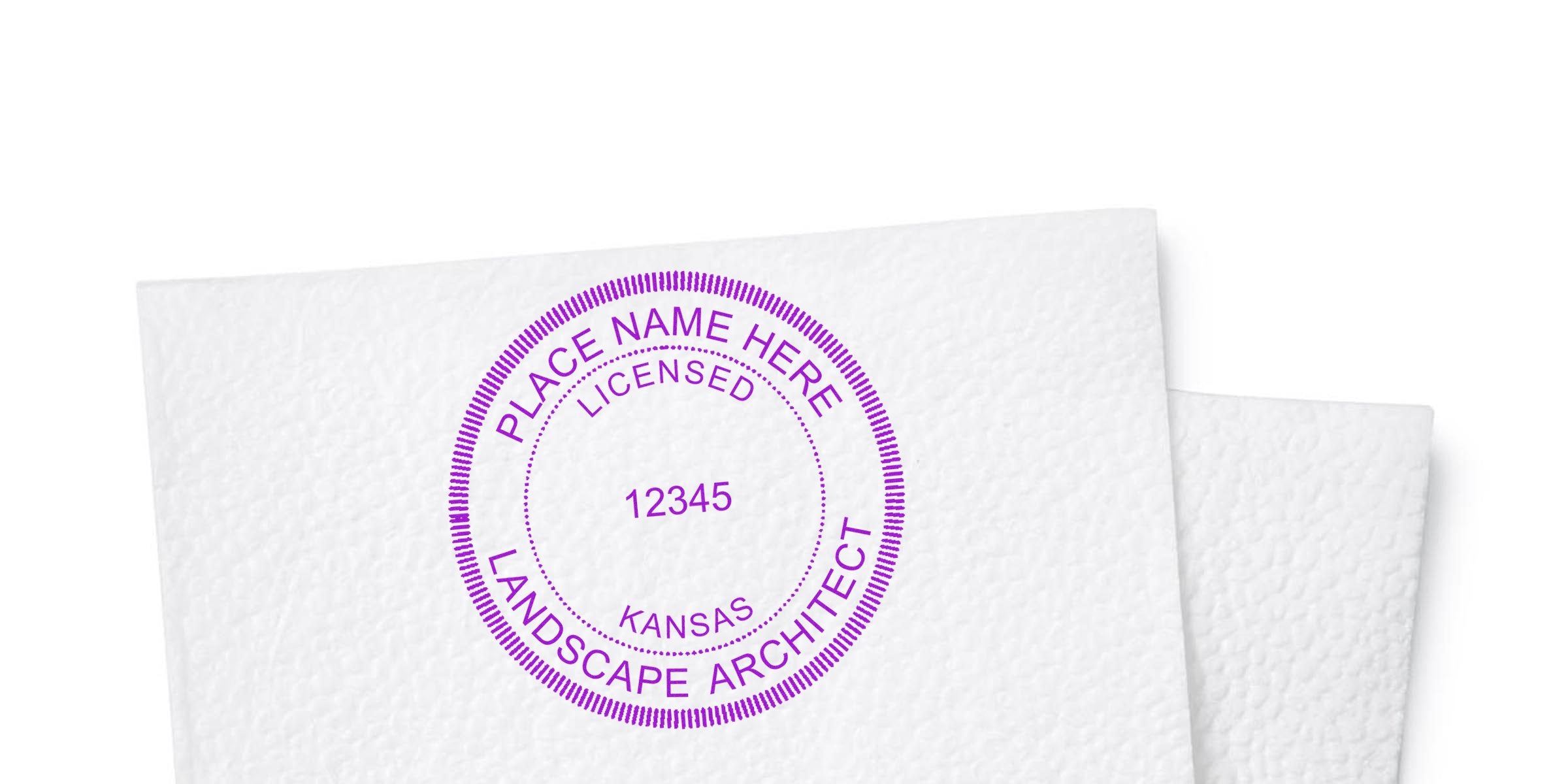 Kansas landscape architect seal stamp with license #12345 on textured white paper, featuring a landscape architect seal sticker design.