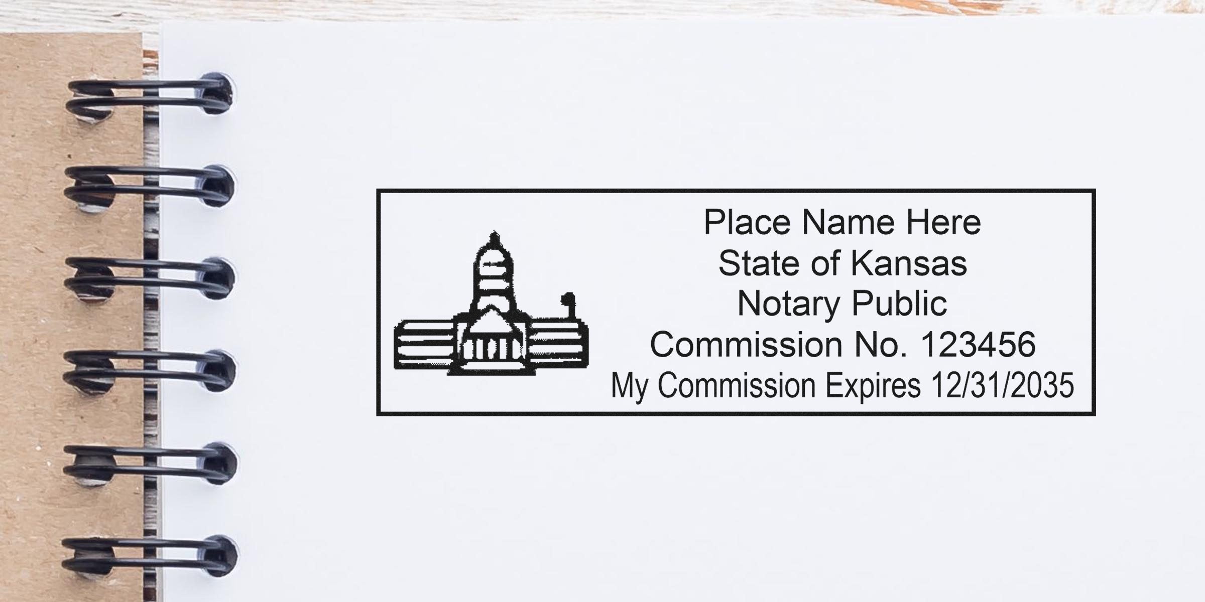 Kansas notary seal and public stamp with commission number and expiration date on a white notebook page, highlighting key notary stamp tips.
