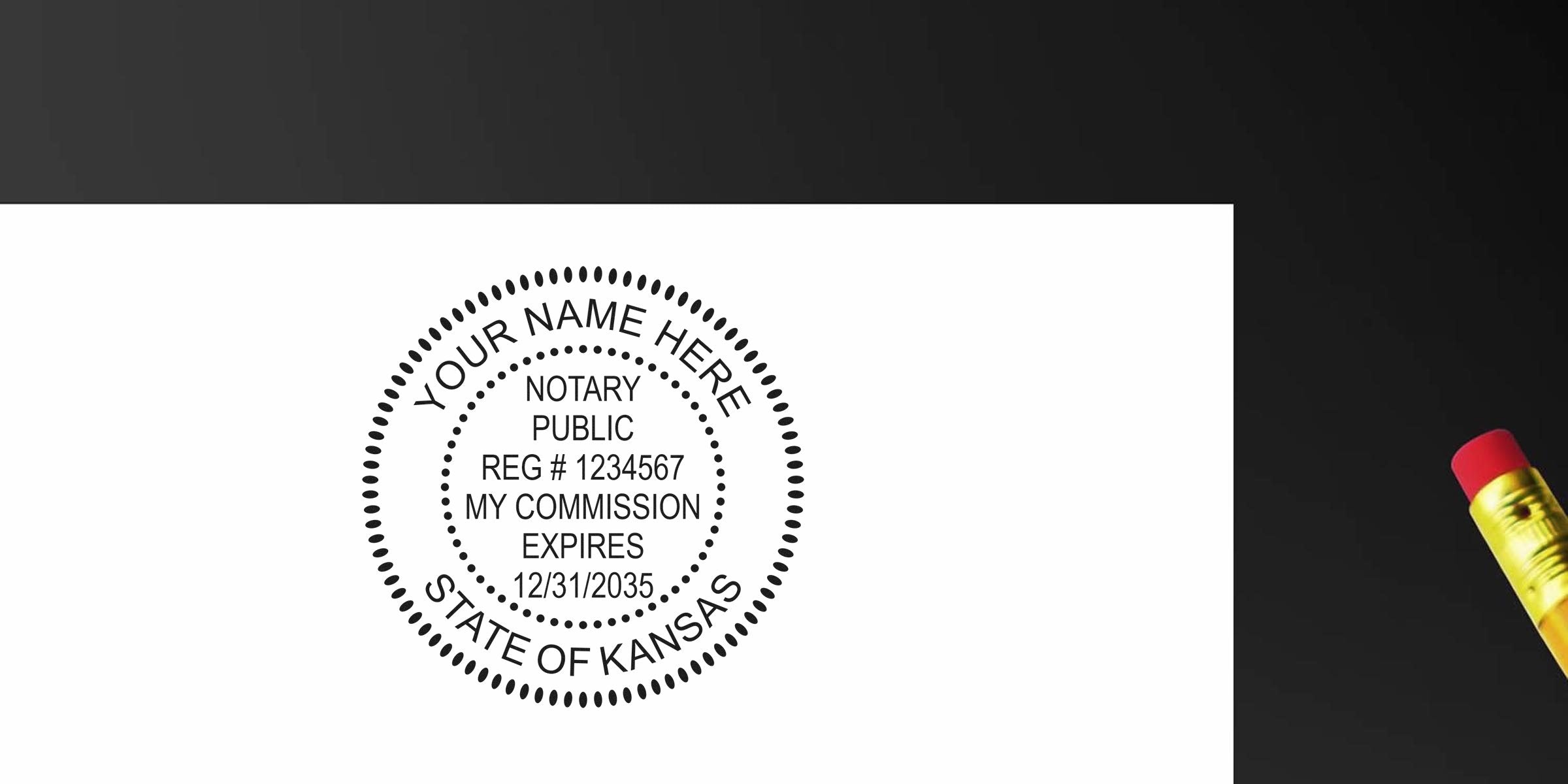 Kansas notary stamp with commission expiration and registration number on white paper, next to a pencil, part of online notary supplies.