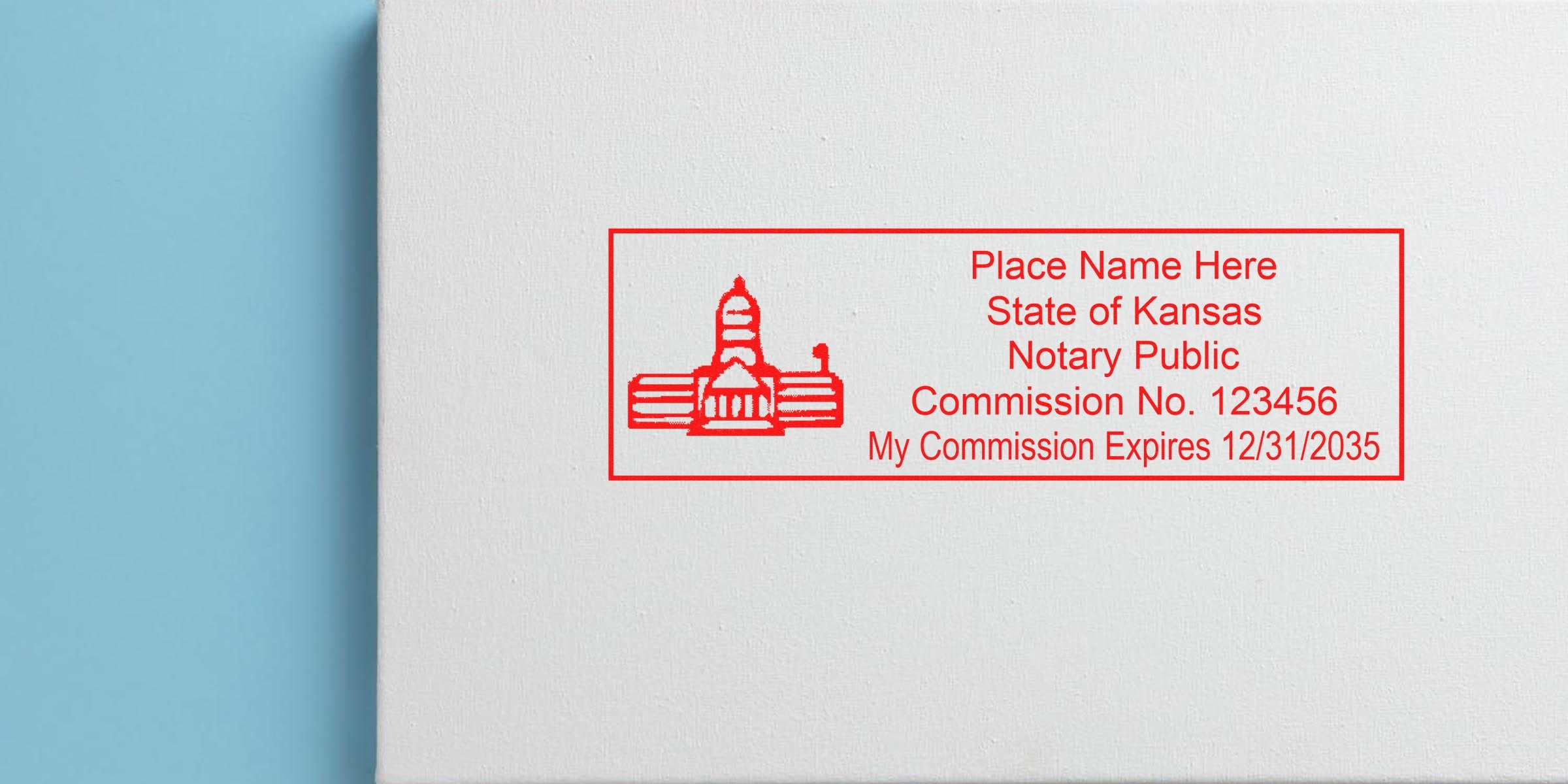 Kansas notary stamp on white paper displaying commission number and expiration date, complying with Kansas notary requirements.
