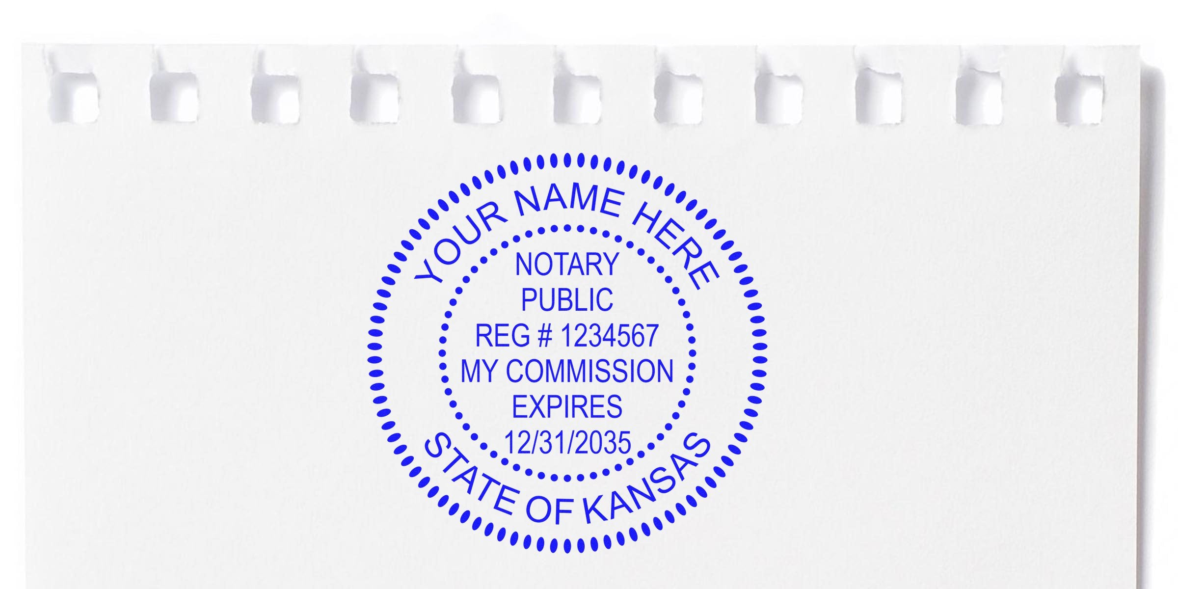 Kansas notary public stamp on white paper showing commission expiration date, related to Kansas notary stamp renewal and renewal requirements.