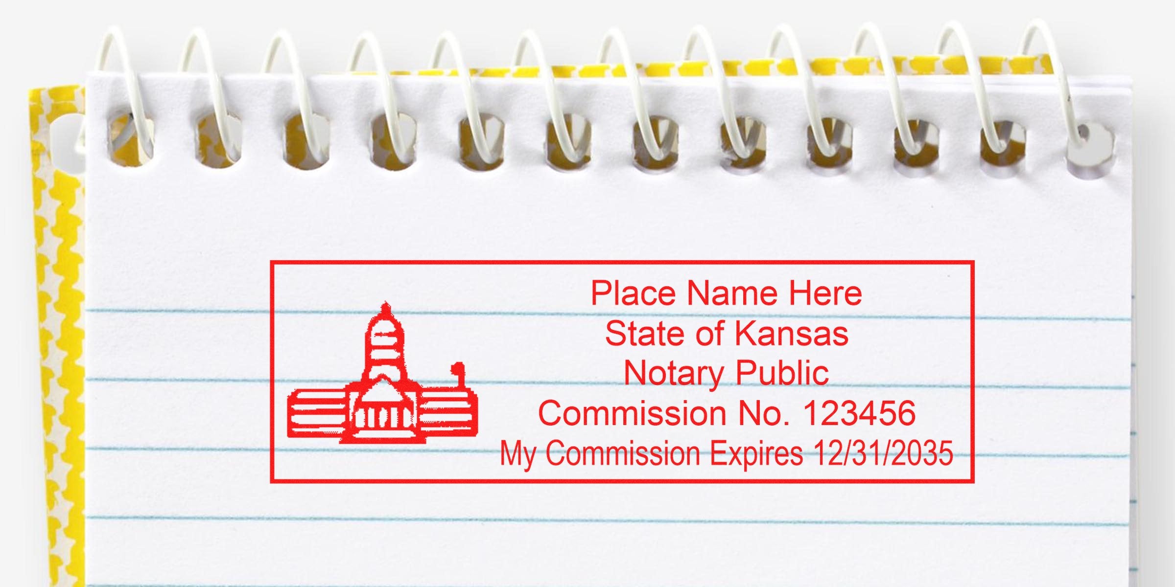 Kansas notary public stamp with commission number and expiration date on a spiral notebook page, part of a Kansas notary kit and starter essentials.