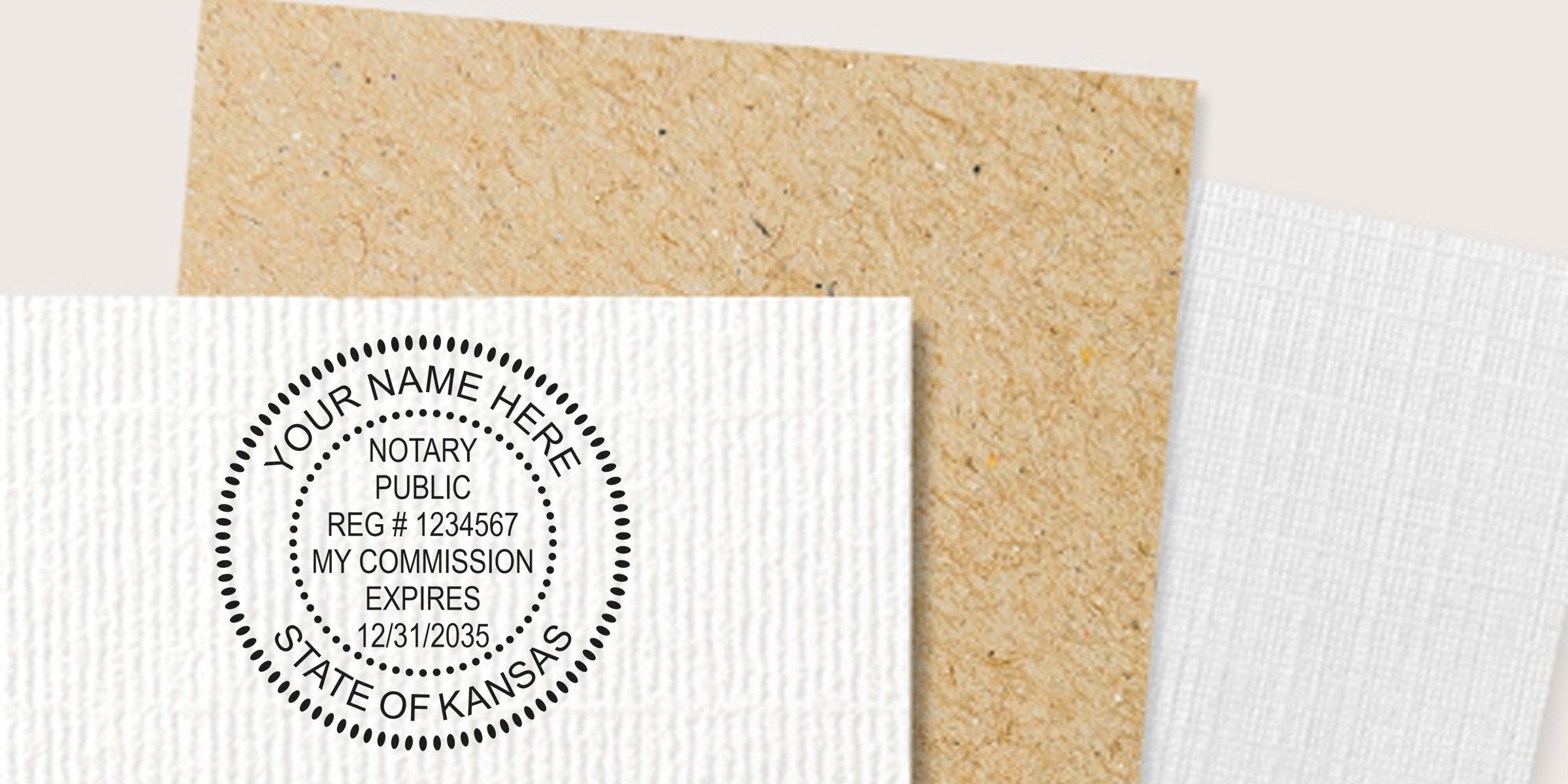 Kansas Notary Public Seal custom stamp on textured paper shows registration number and commission expiration date, featured in Notary Seal Guide Kansas.
