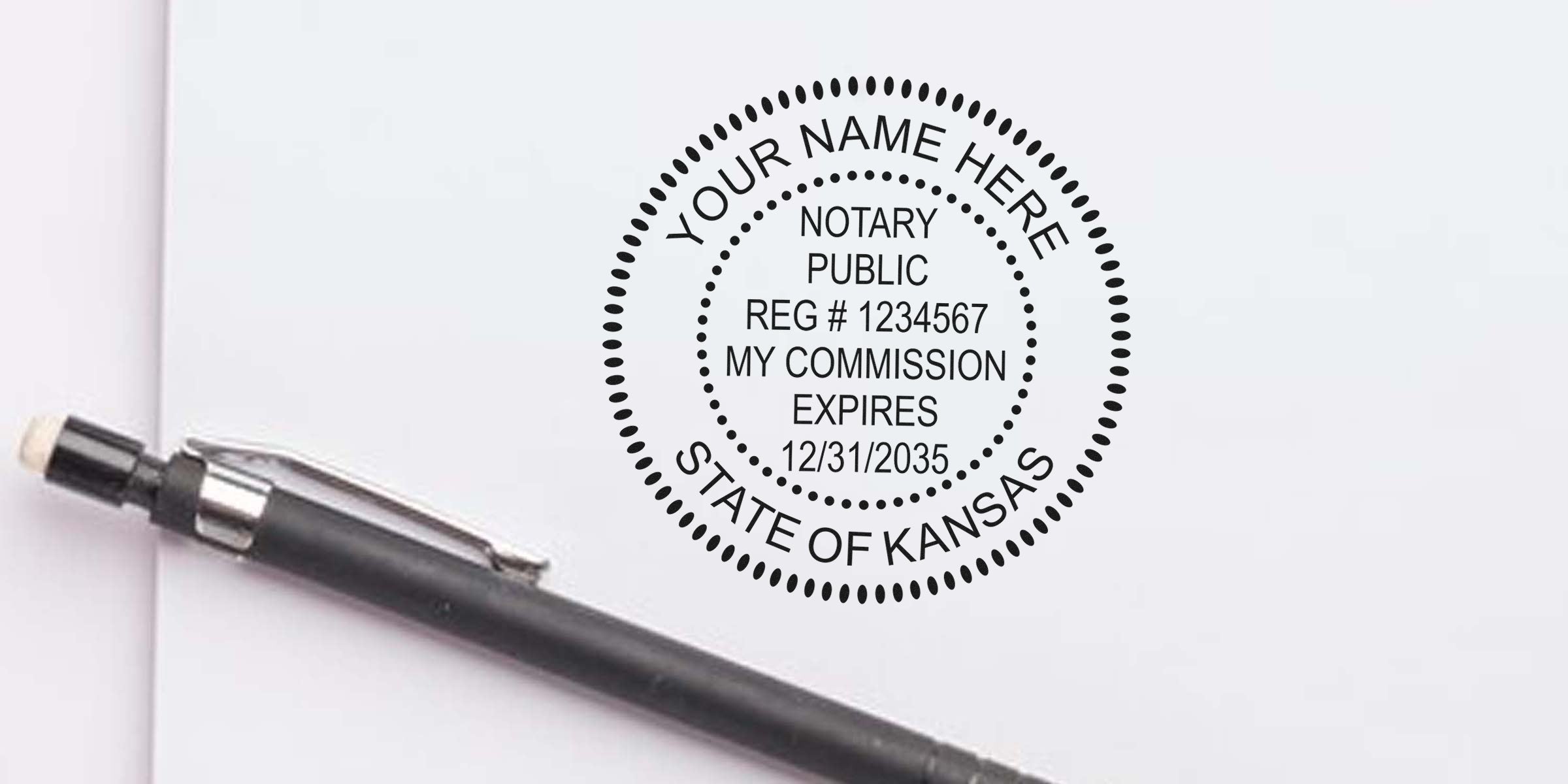 Custom Kansas notary stamp with commission expiration date and registration number, shown next to a black pen on white paper—ideal for anyone needing a Kansas notary stamp.